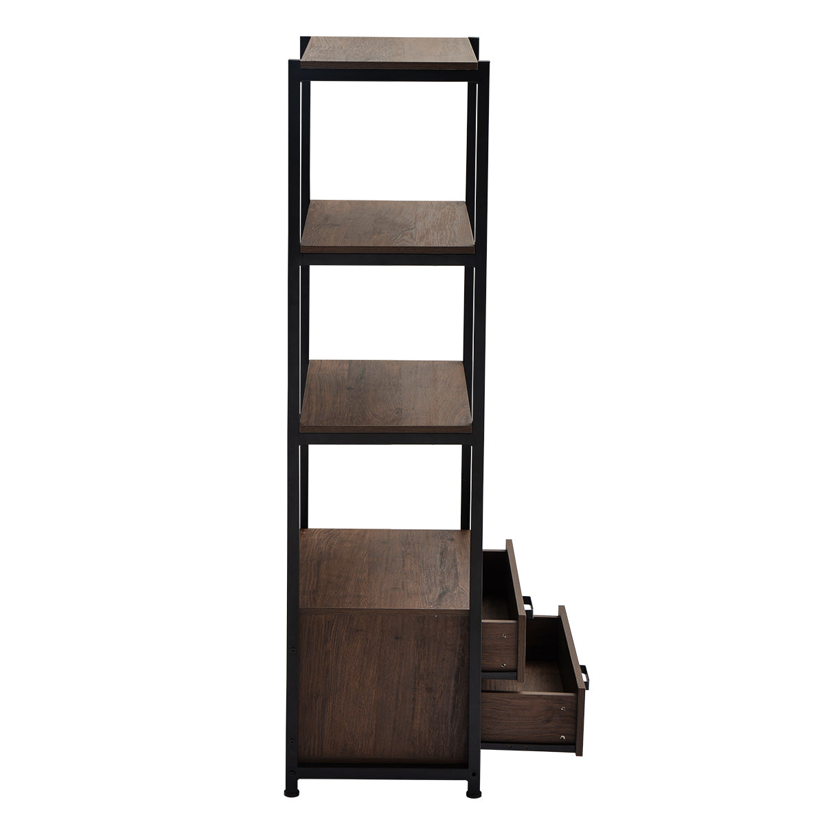 Home Office 4-Tier Bookshelf, Simple Industrial Bookcase Standing Shelf Unit Storage Organizer with 4 Open Storage Shelves and Two Drawers, Brown