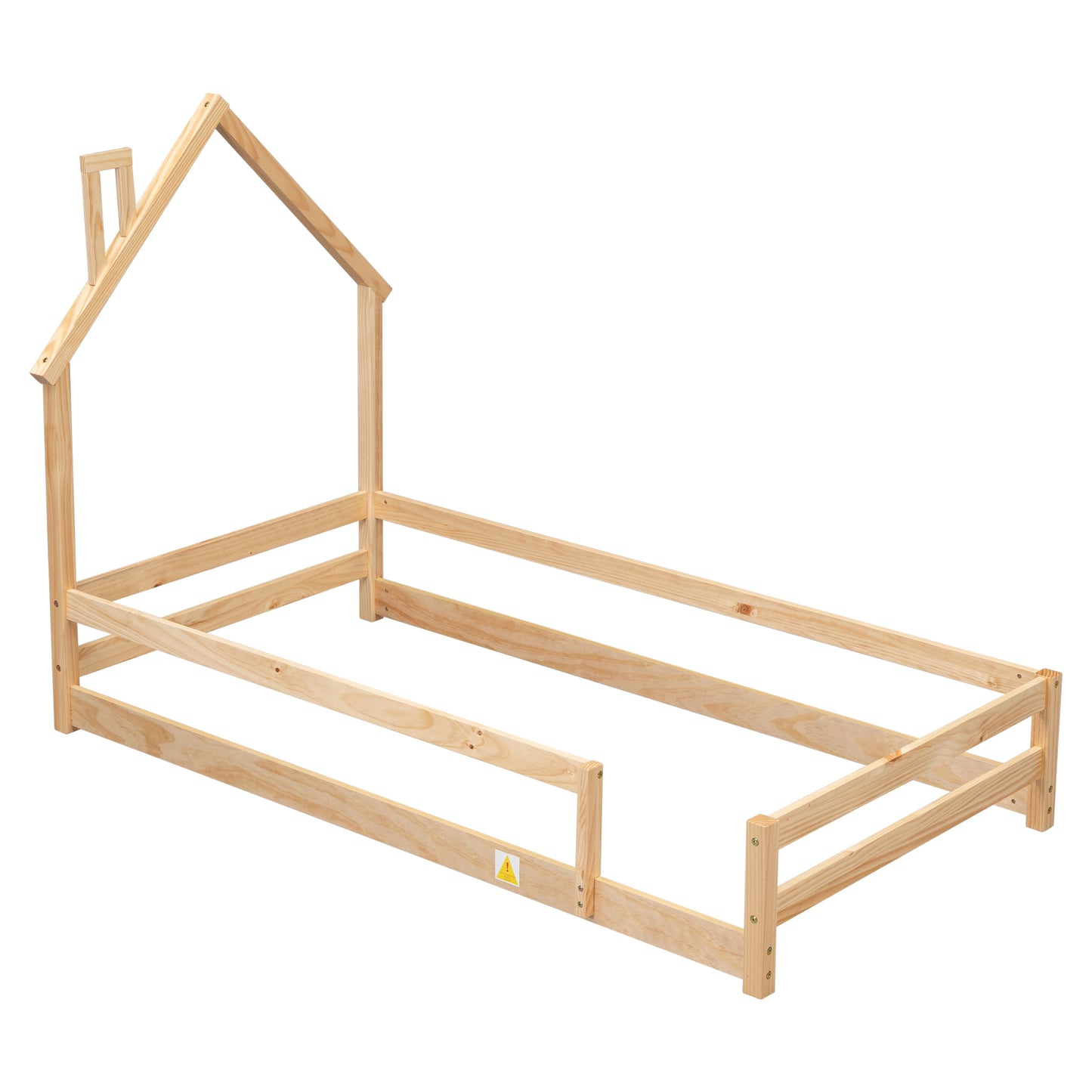 Twin Size Wood bed with House-shaped Headboard Floor bed with Fences,Natural