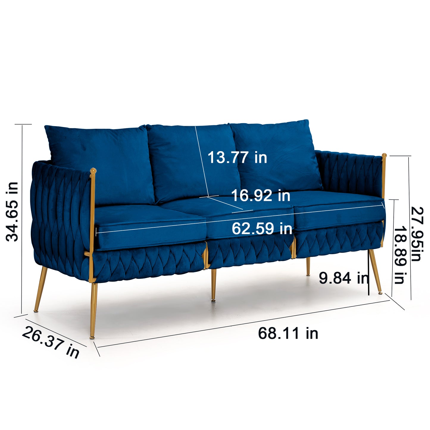 Luxurious 3-Piece Blue Velvet Living Room Set with Handwoven Tufted Backrest and Golden Metal Legs