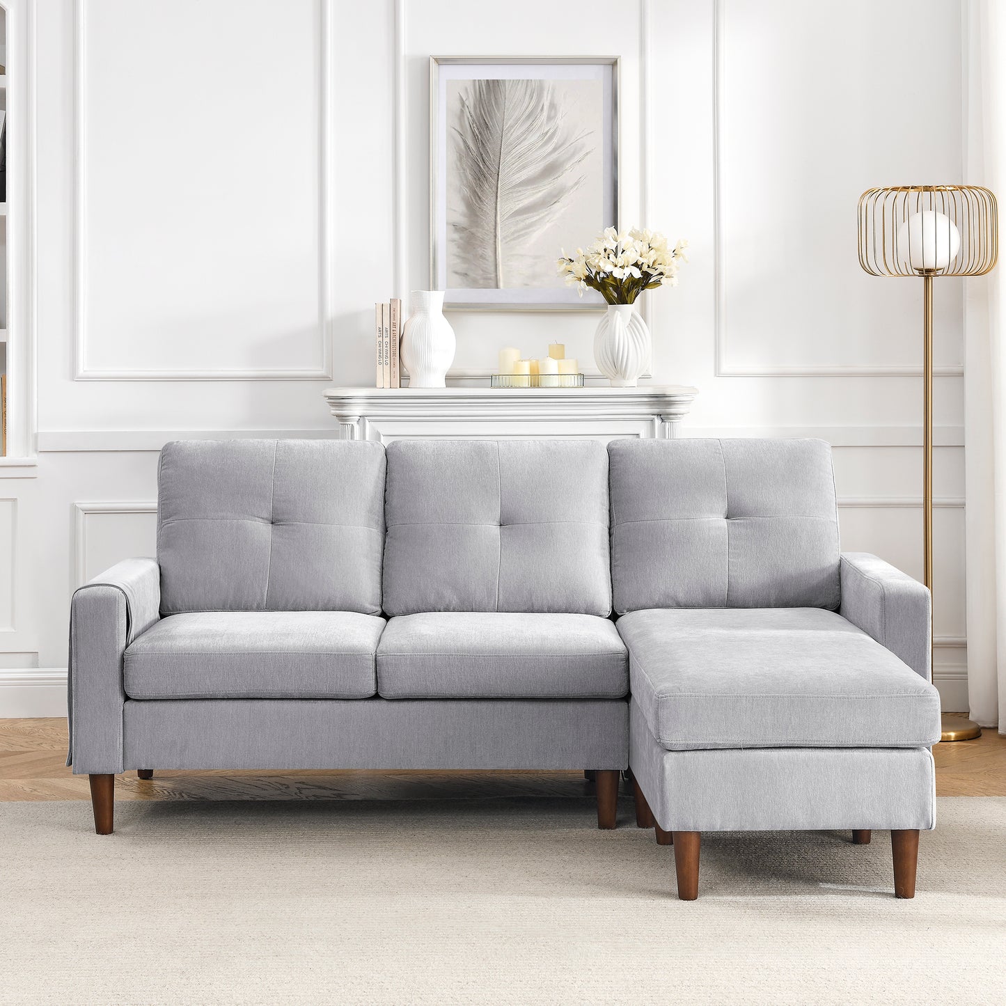 80 L-Shape Convertible Sectional Sofa with Reversible Chaise, Light Grey Chenille