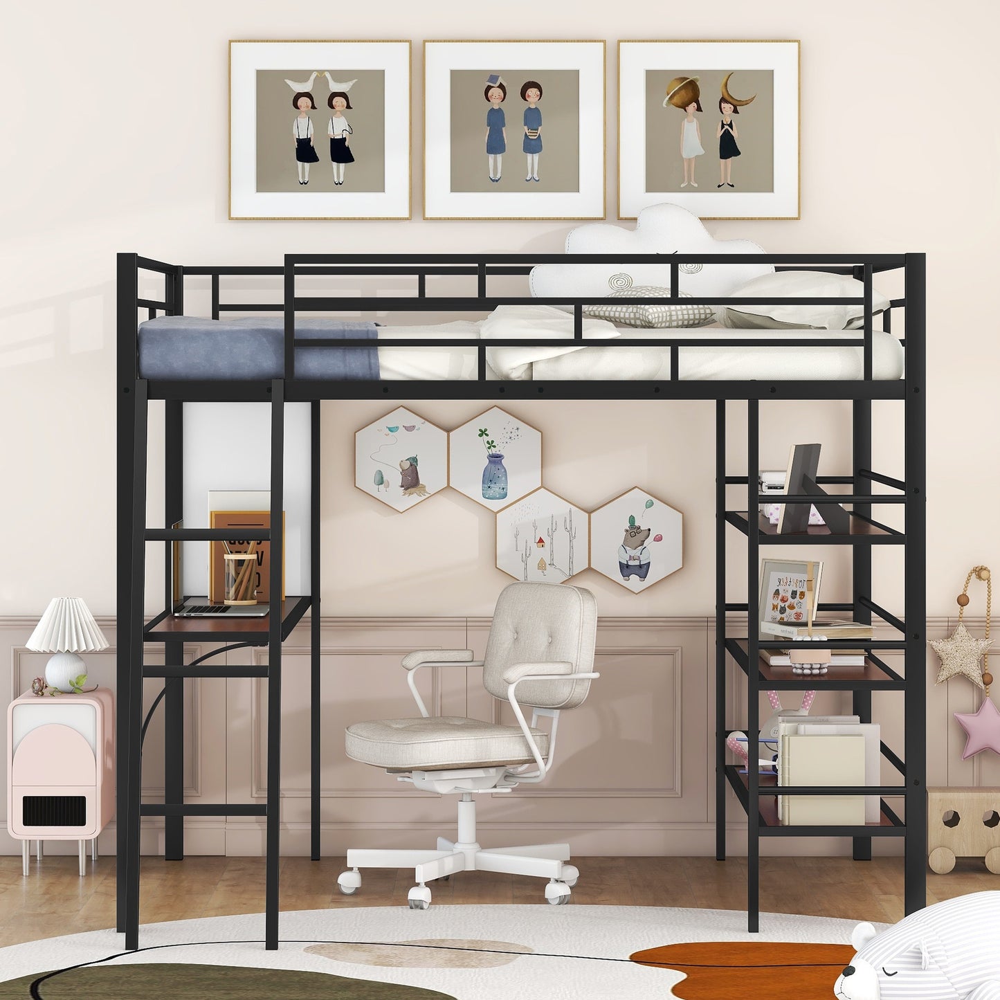 Full Size Loft Metal Bed with 3 Layers of Shelves and Desk, Stylish Metal Frame Bed with Whiteboard, Black