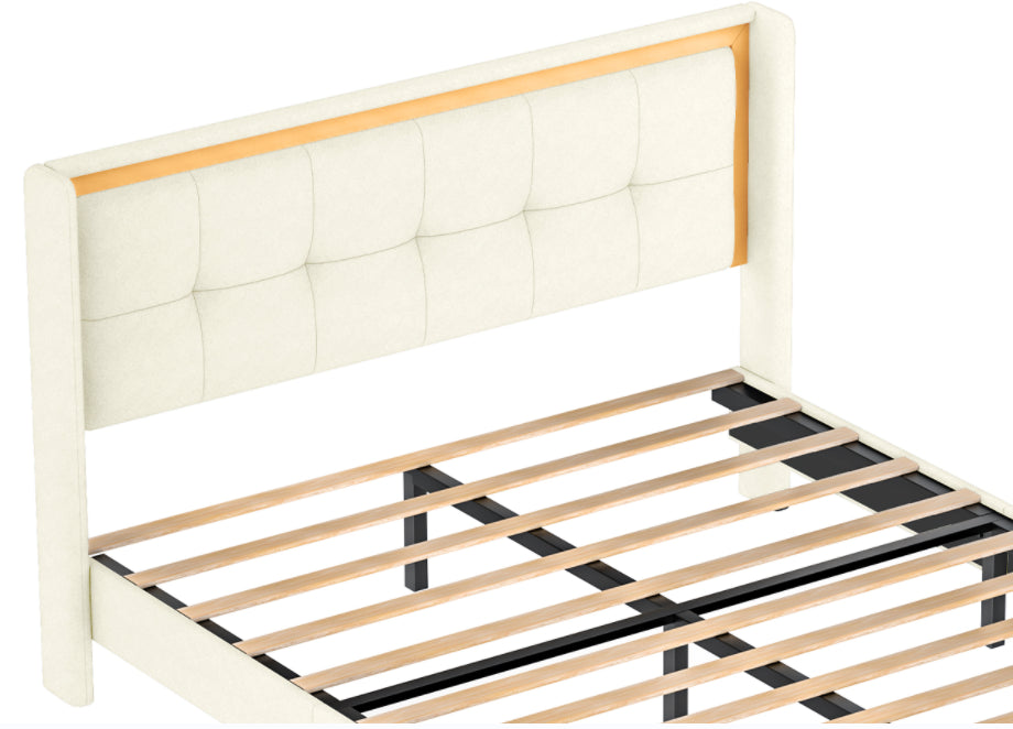 Full Size Upholstered bed with headboard, sturdy wooden slats, high load-bearing capacity, non-slip and noiseless, no springs, easy to assemble, beige