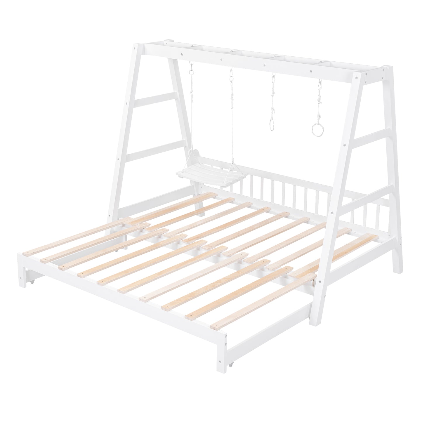 Extendable Twin Daybed with Swing and Ring Handles, White(Twin bed can be pulled out to be King)