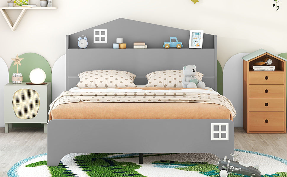 Wooden Full Size House Bed with Storage Headboard ,Kids Bed with Storage Shelf,Grey