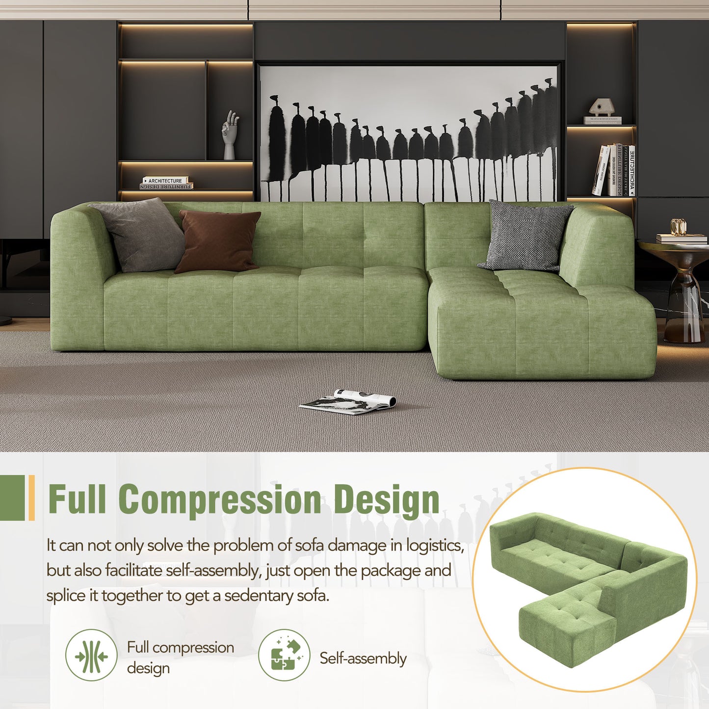 Green L-Shaped Modular Living Room Sofa Set