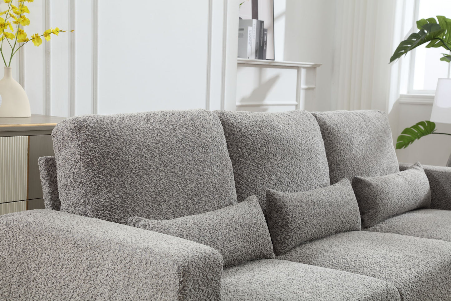 Modern 3-Seater White and Gray Fabric Sofa with Square Armrest and Waist Pillows