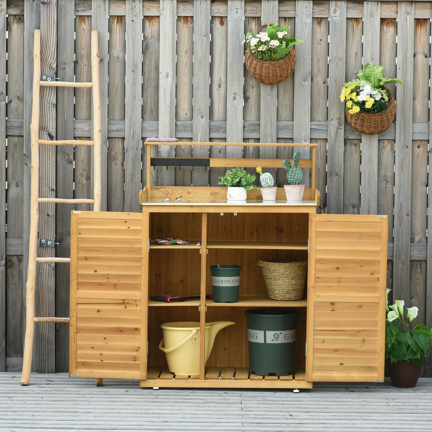 Outsunny Garden Potting Bench Table Wooden Workstation Shed with Tabletop, Hooks, 3-Tier Shelves Cabinet and 2 Magnetic Close Doors