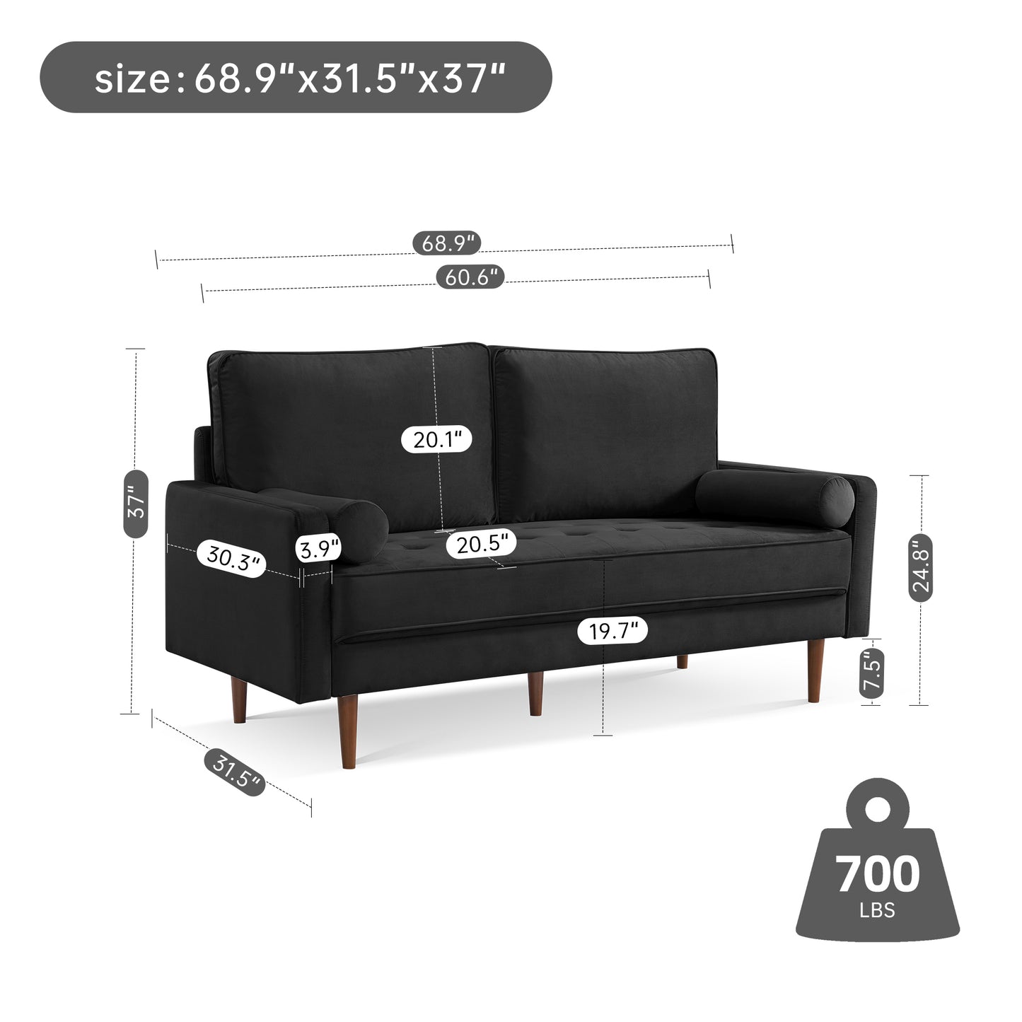 Modern Black Velvet Upholstered 3-Seater Sofa with Bolster Pillows