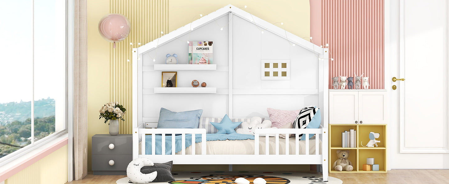 Twin Size House Bed with Shelves, House Bed with Window and  Sparkling Light Strip on the Roof, White