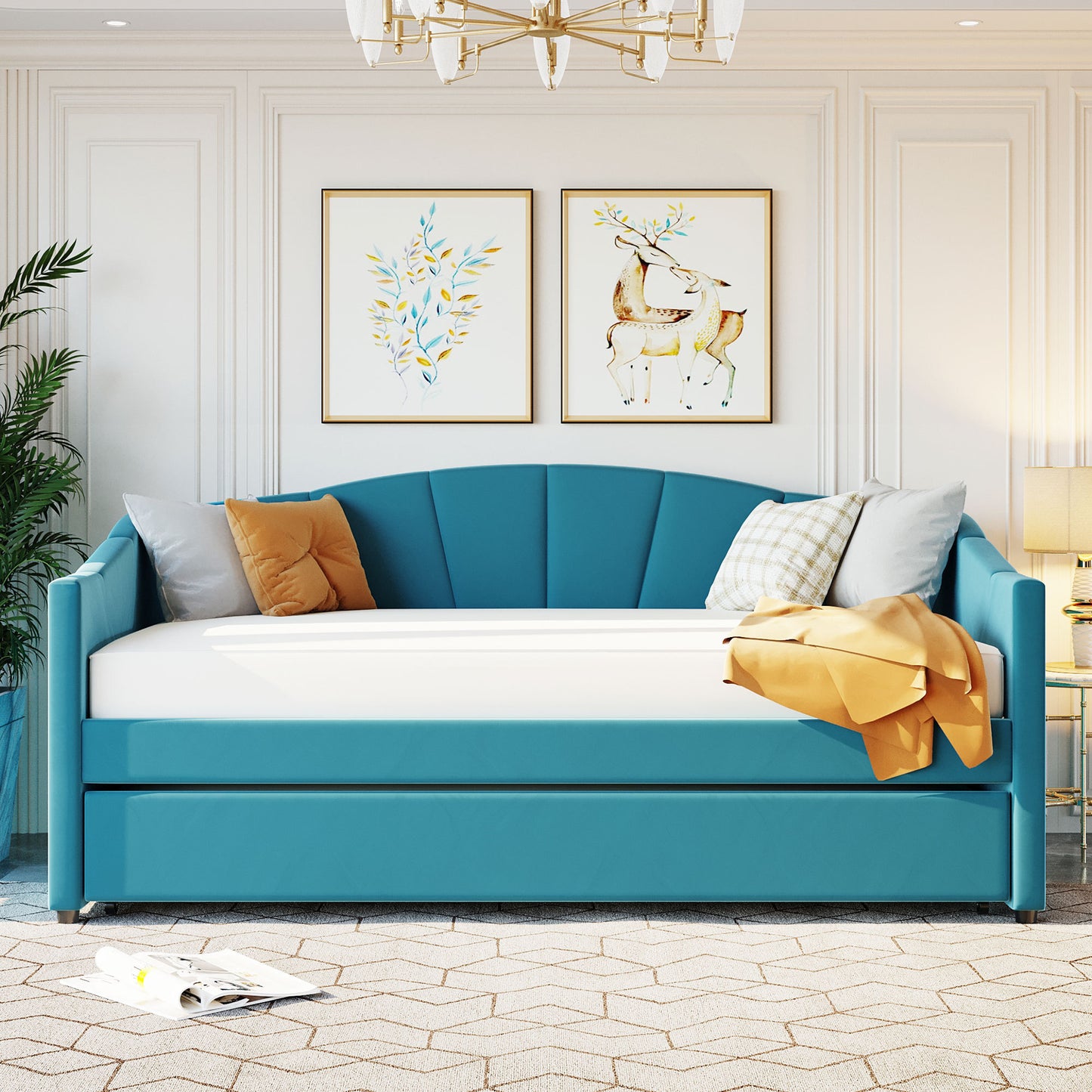 Upholstered Daybed Sofa Bed Twin Size With Trundle Bed and Wood Slat ,Blue