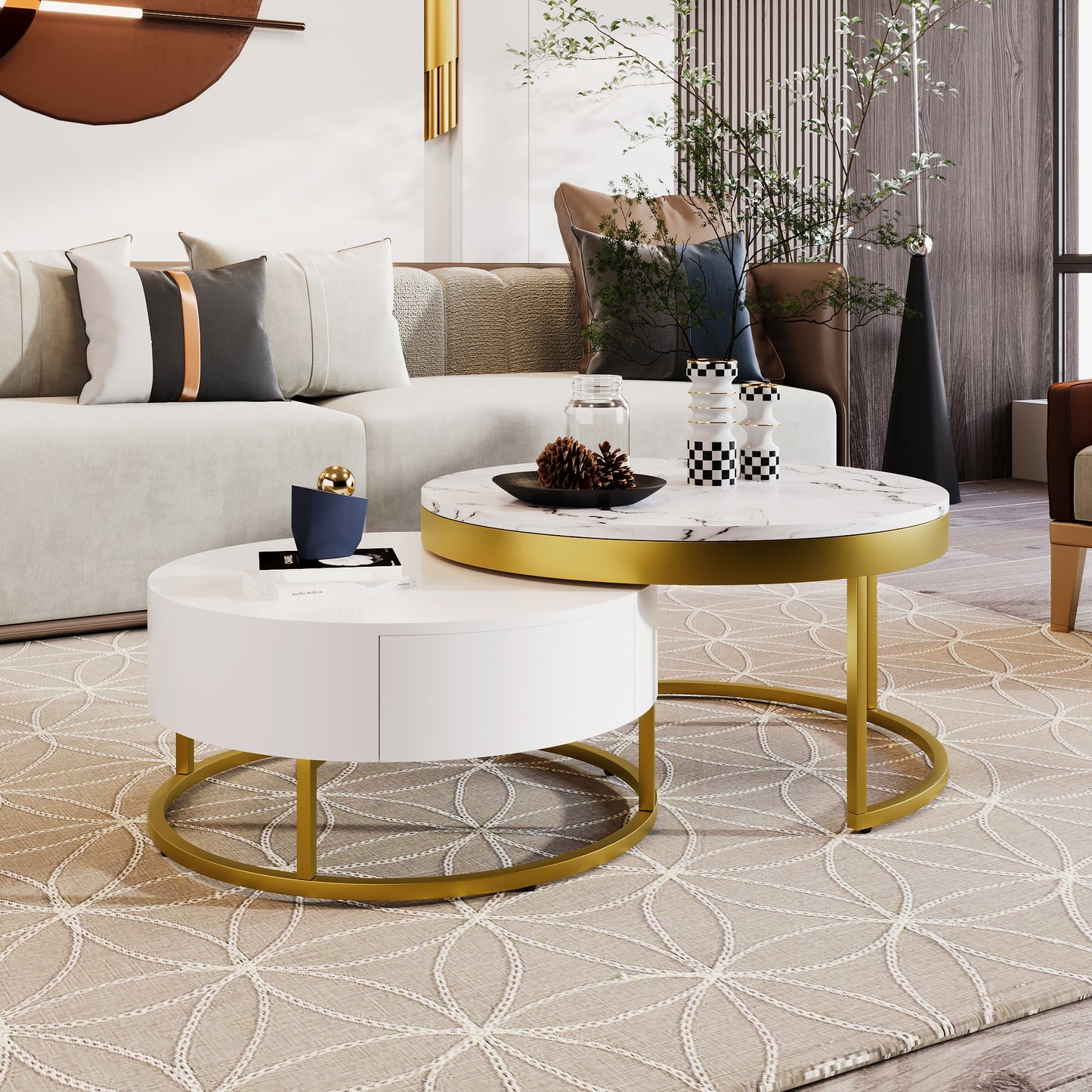 Contemporary White and Gold Nesting Coffee Table with Storage Drawers