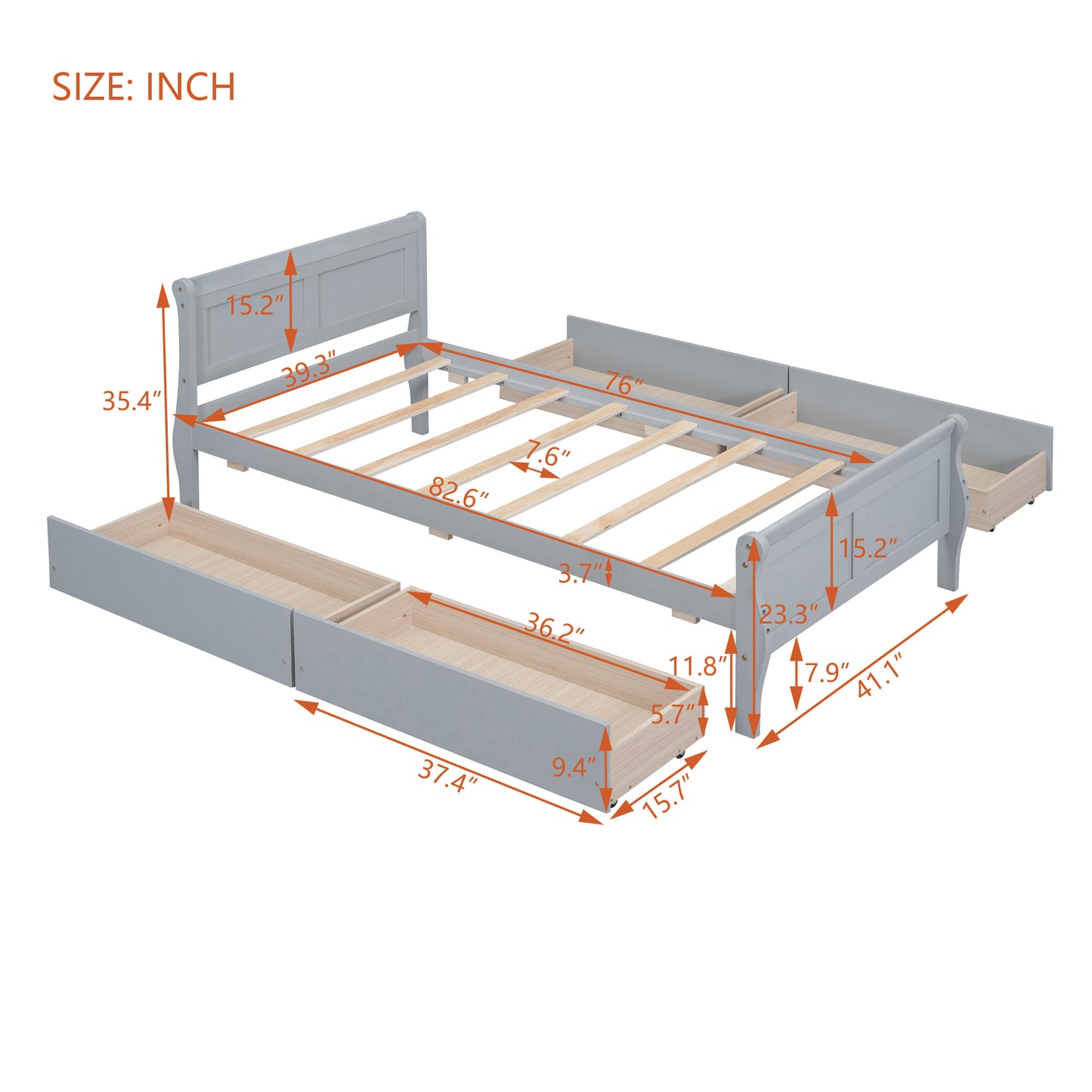 Twin Size Wood Platform Bed with 4 Drawers and Streamlined Headboard & Footboard, Gray