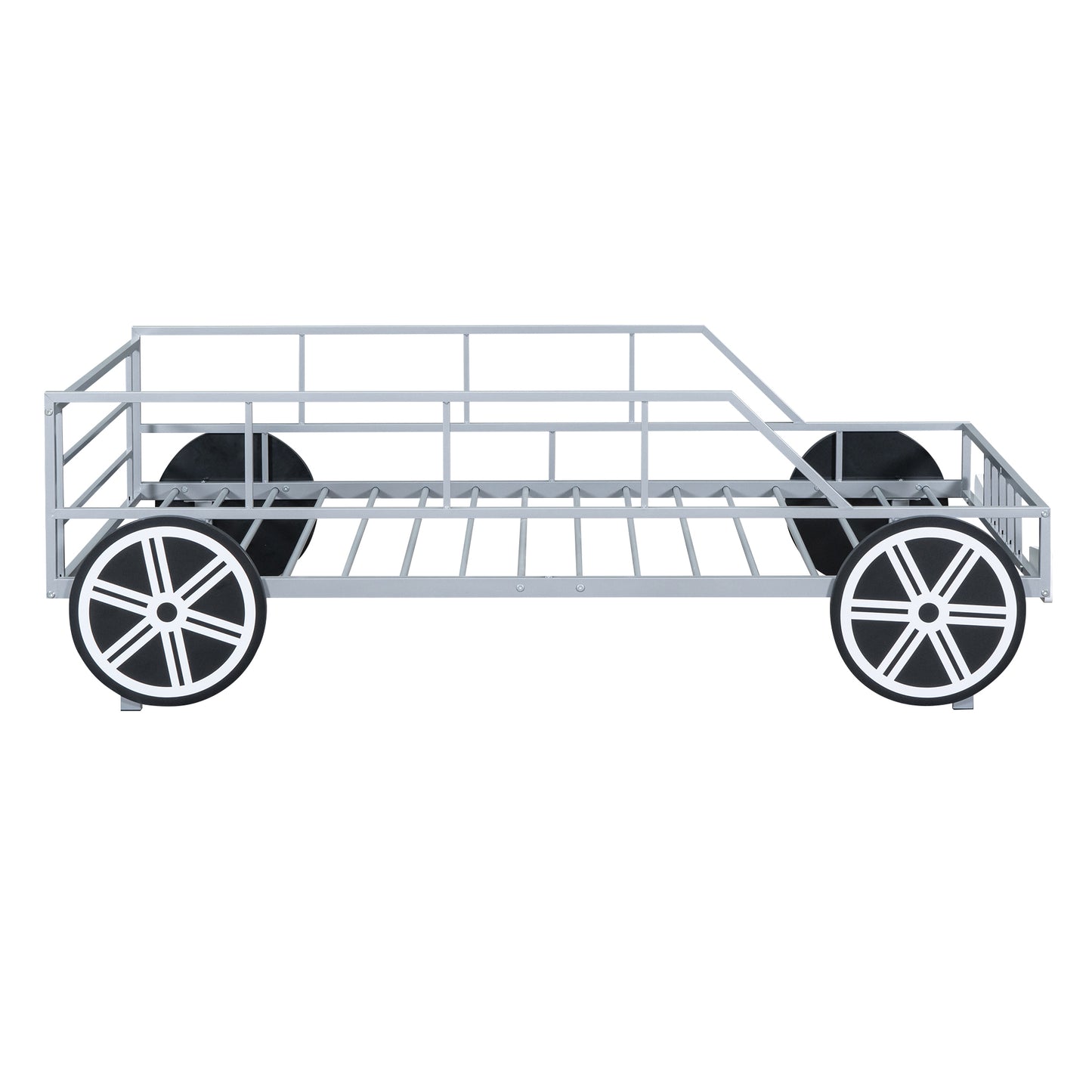 Metal Twin Size Car-shaped Platform Bed with Wheels and Headlights Decoration, Silver