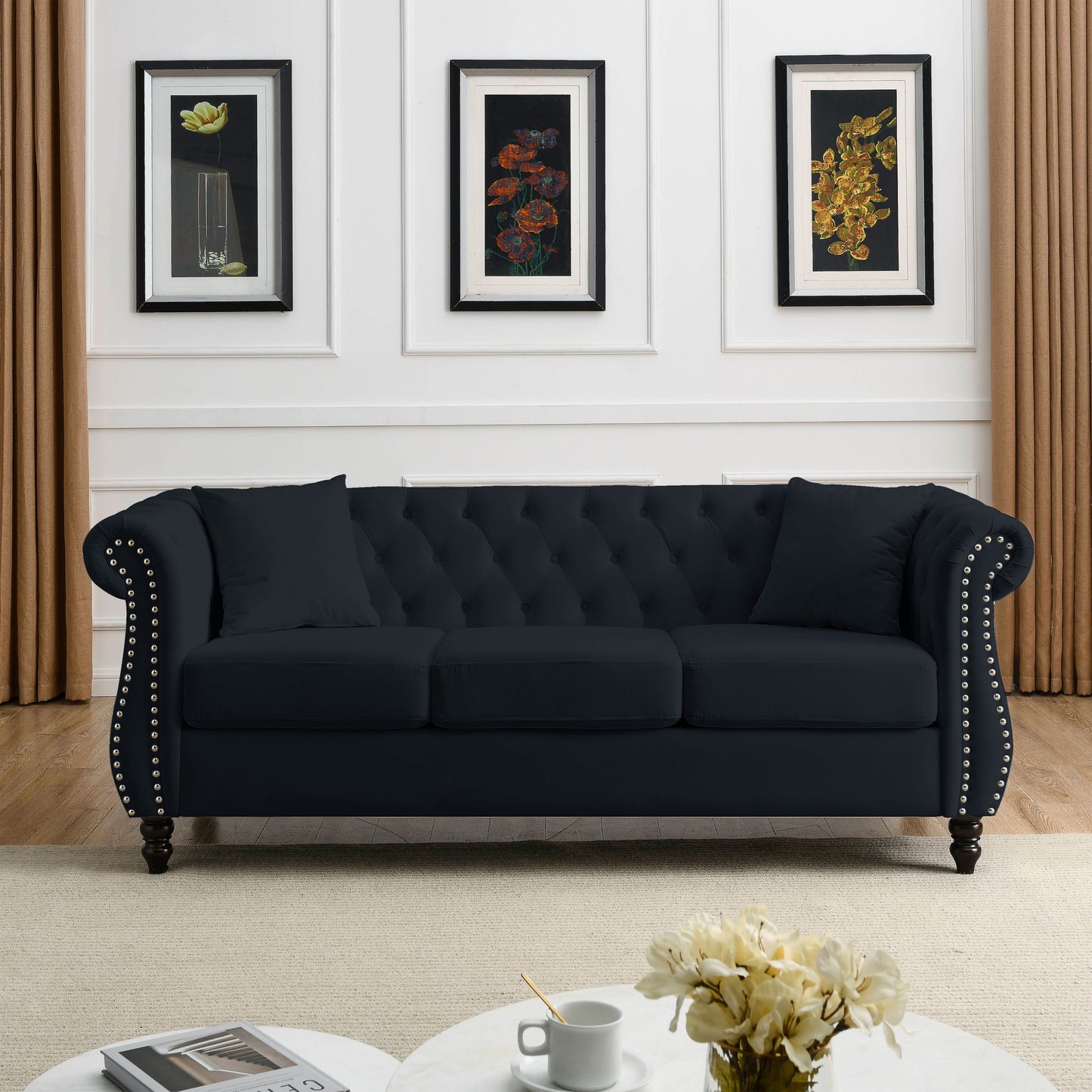 Luxurious 80 Black Velvet Chesterfield Sofa for Living Room