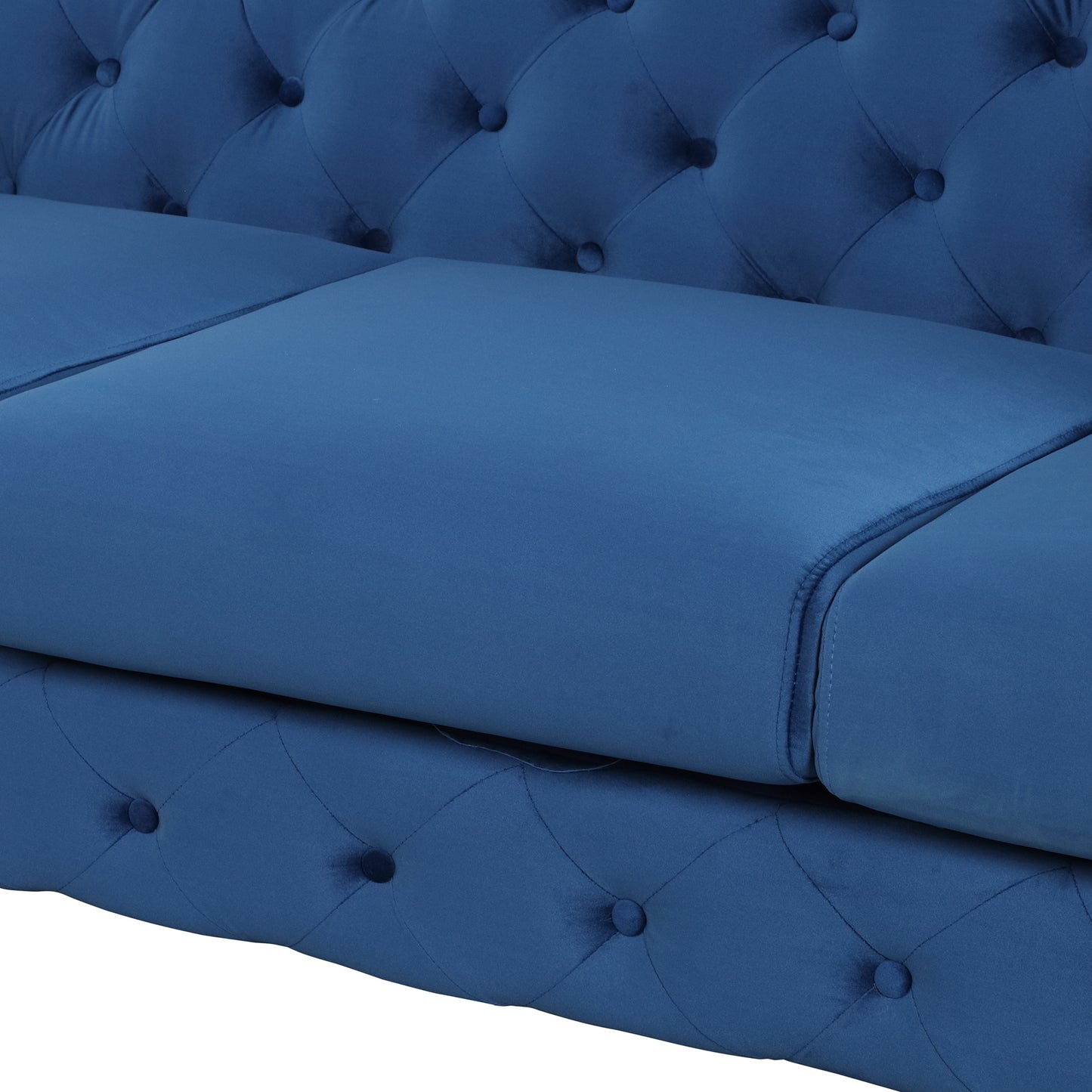 Modern Blue Velvet Upholstered 3 Seater Sofa with Button Tufted Back and Sturdy Metal Legs