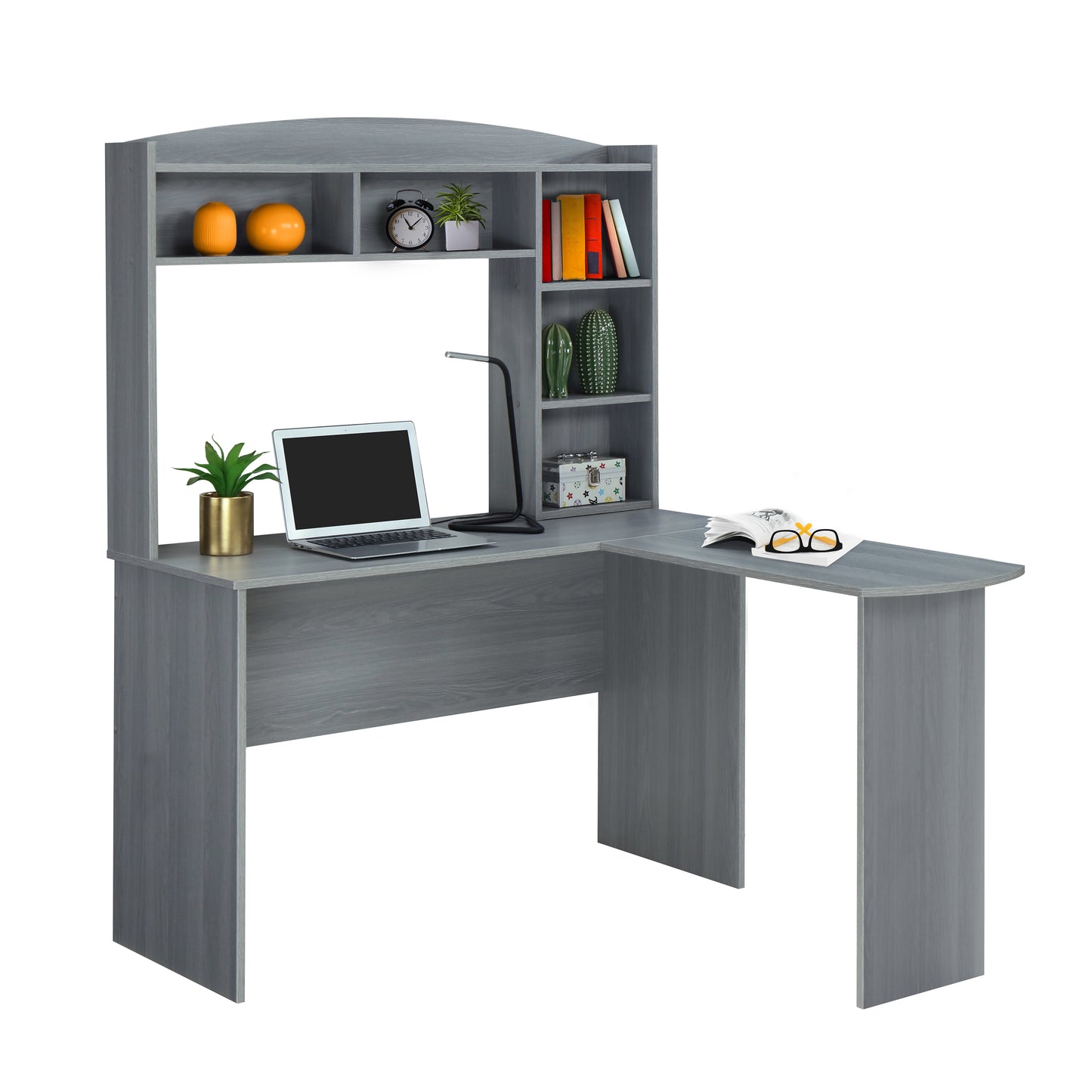 Modern Grey L-Shaped Desk with Hutch for Stylish Home Offices