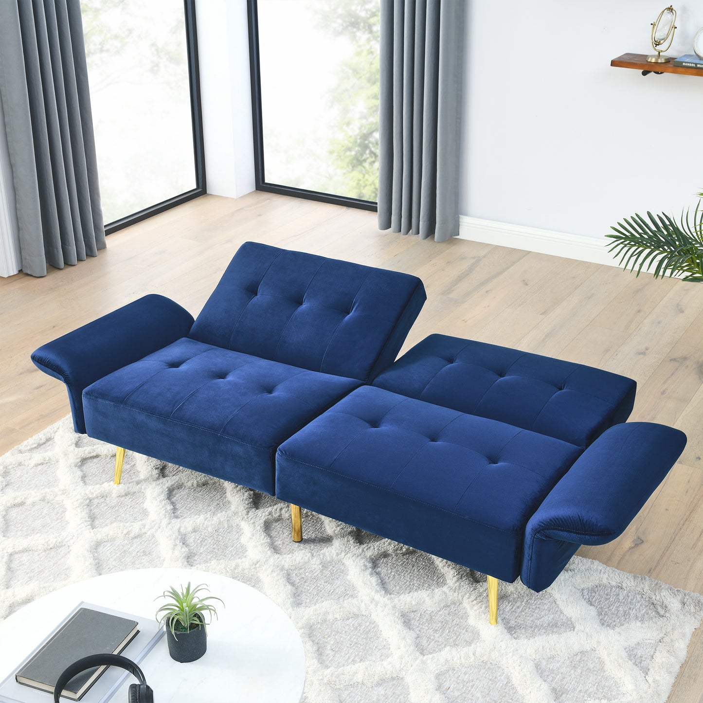 Italian Velvet Convertible Sleeper Loveseat with Storage Bags, Navy