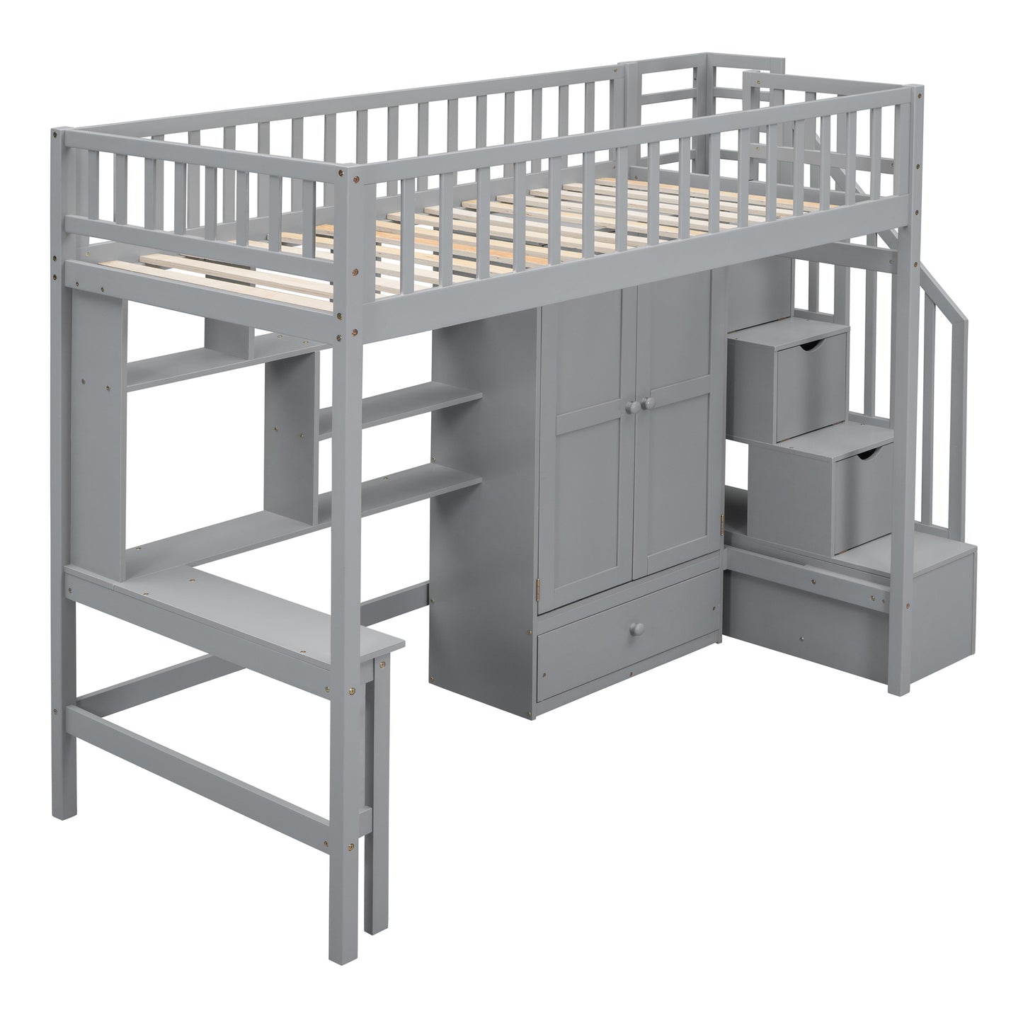 Twin size Loft Bed with Bookshelf,Drawers,Desk,and Wardrobe-Gray