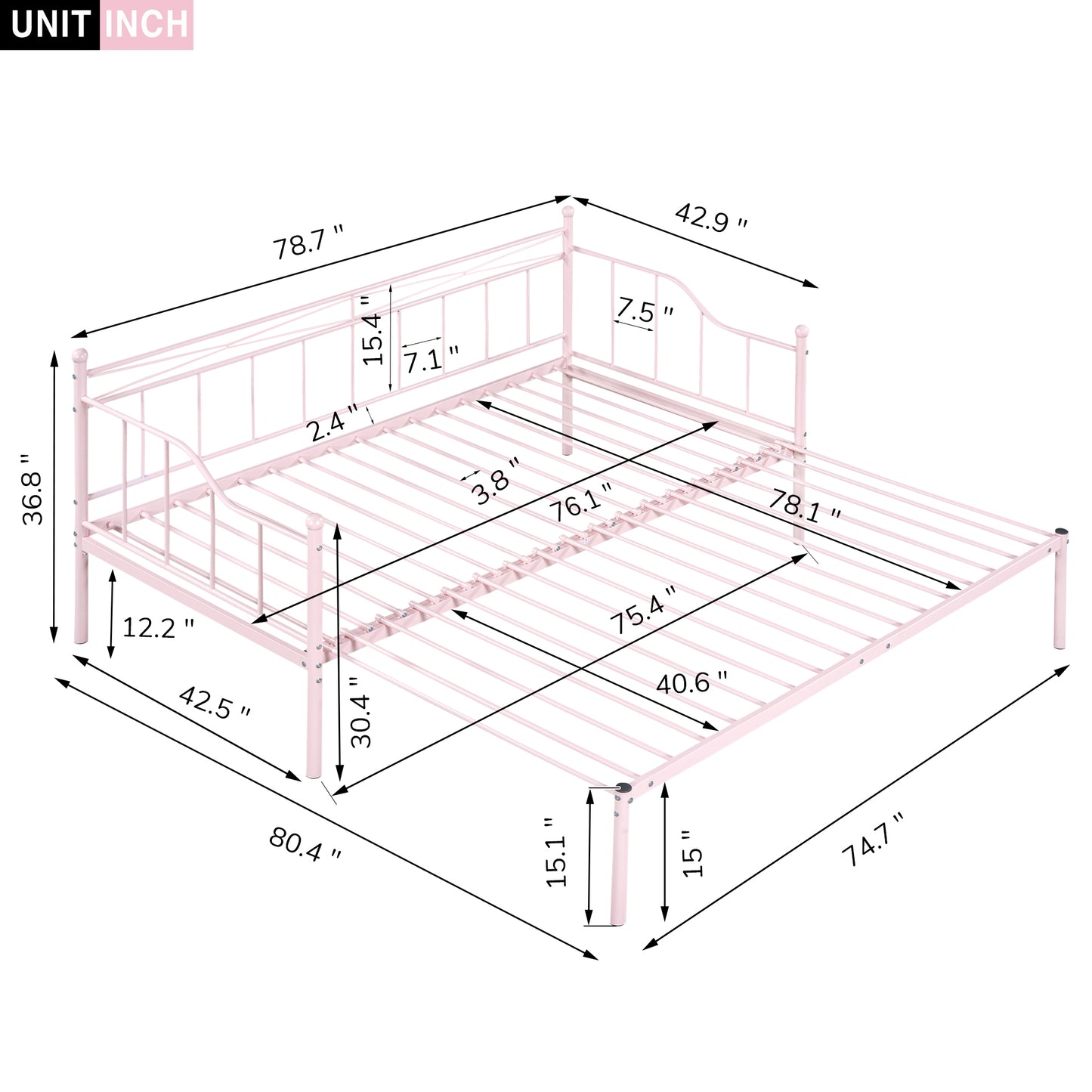 Twin Size Metal Daybed with Trundle, Daybed with Slat No Box required Pink