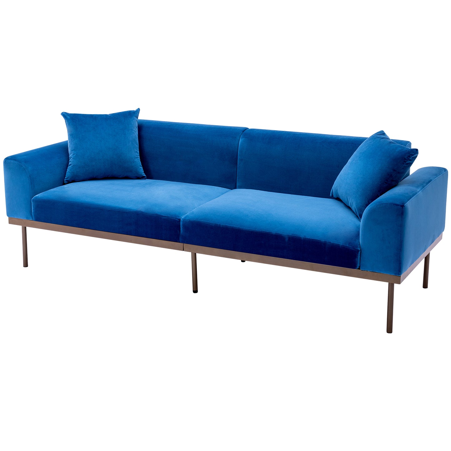 Modern Velvet Sofa with Metal Legs,Loveseat Sofa Couch with Two Pillows for Living Room and Bedroom,Blue