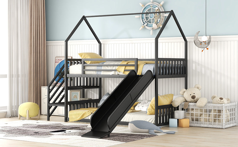 Kids Black Metal Twin Bunk Bed House with Slide and Storage Staircase