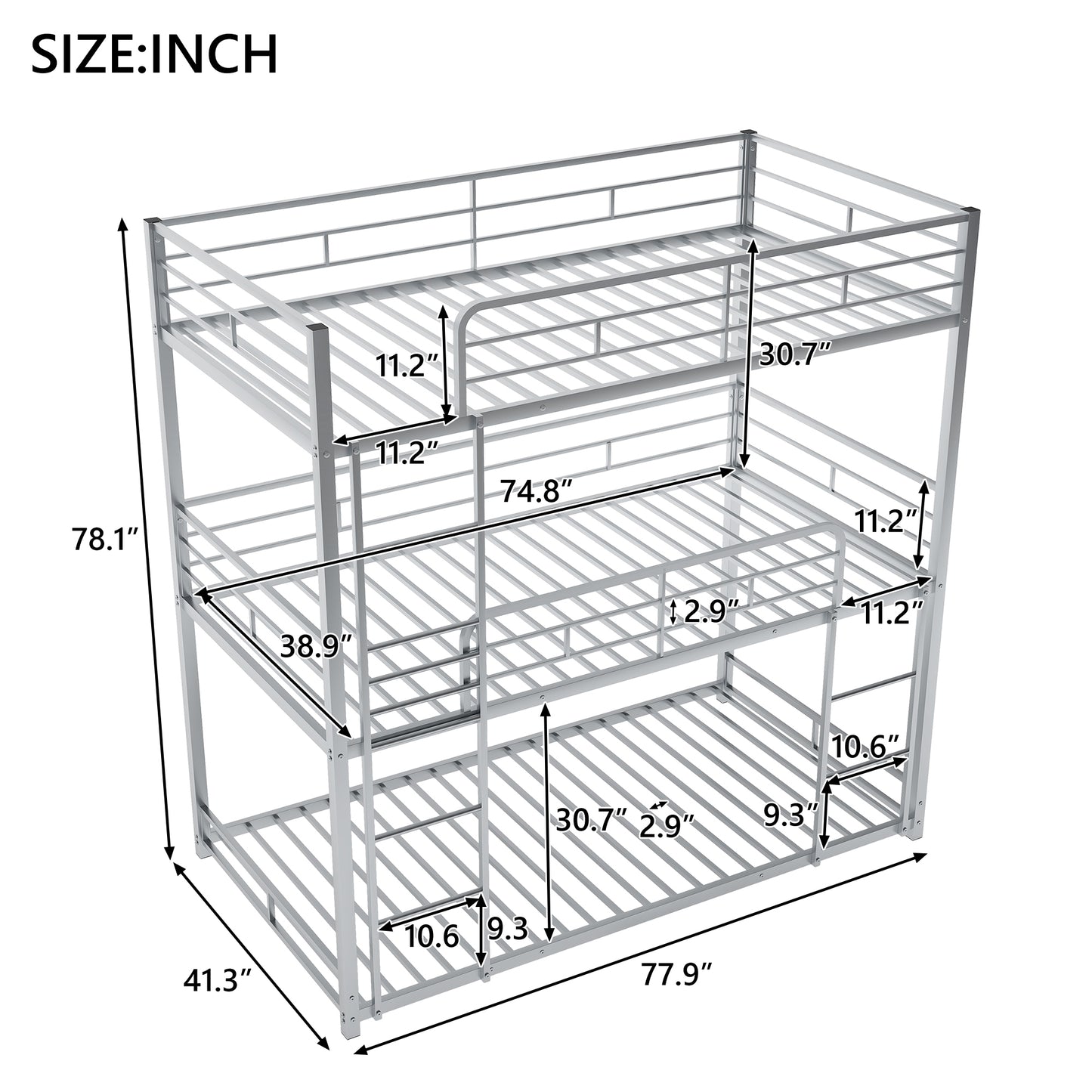 Silver Metal Three-Tiered Twin Bunk Bed