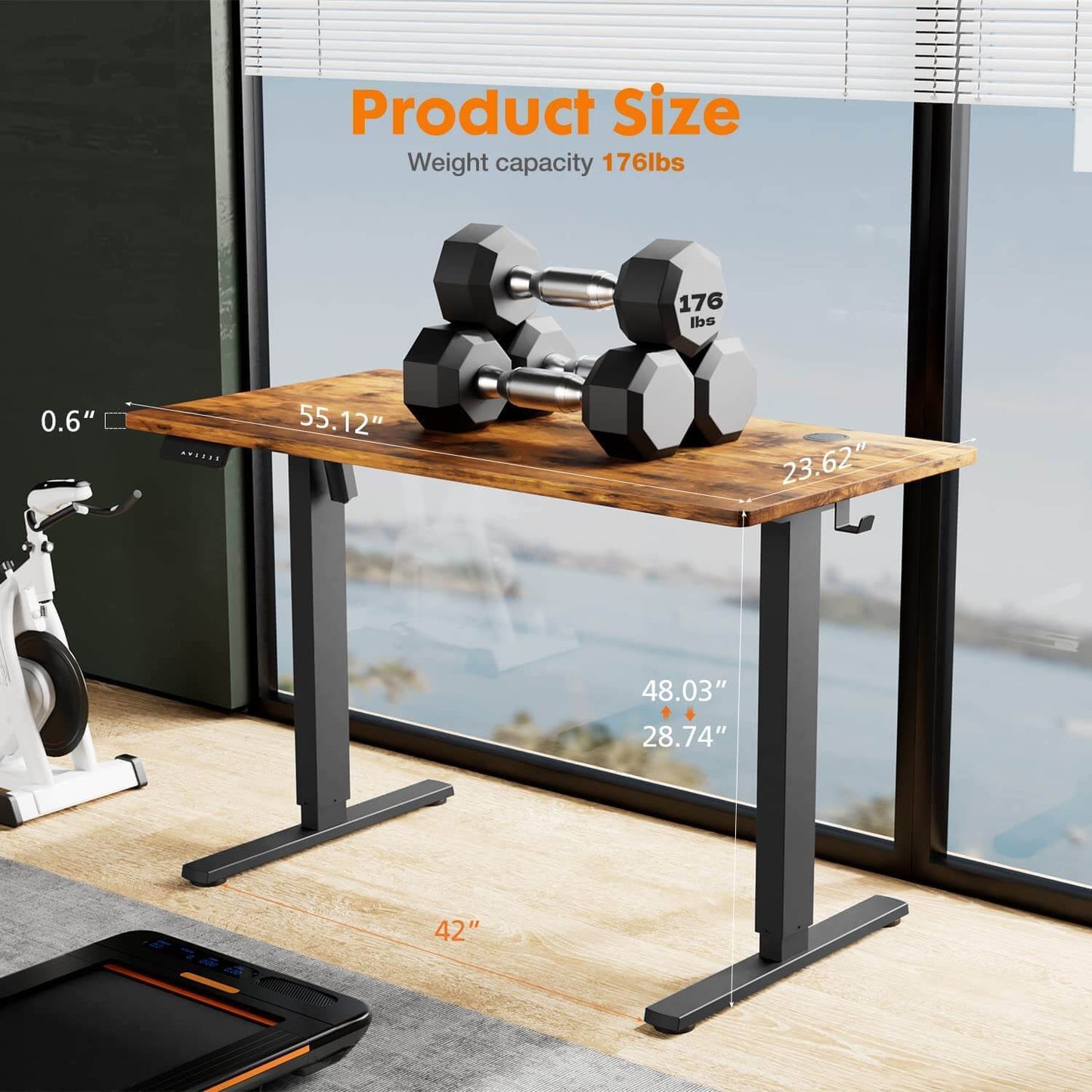 Height-Adjustable Brown Electric Standing Desk with Cable Management, 55'' x 24''