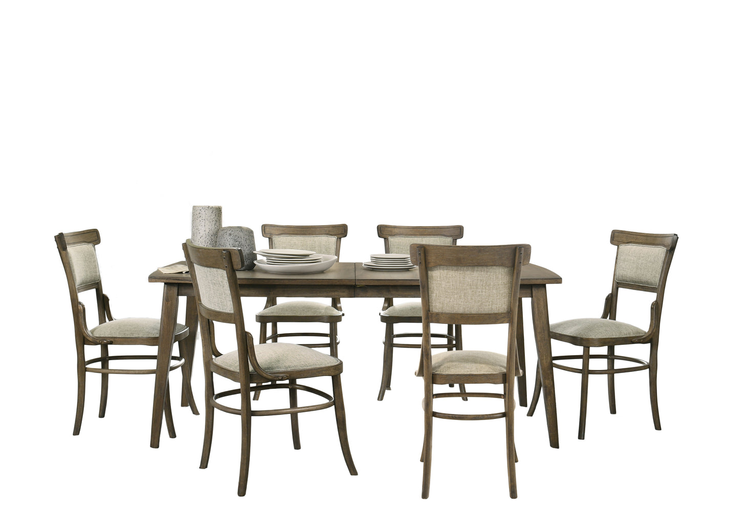 Bistro Vintage Walnut 7 Piece 72" Dining Table Set with Off White Fabric Dining Chairs