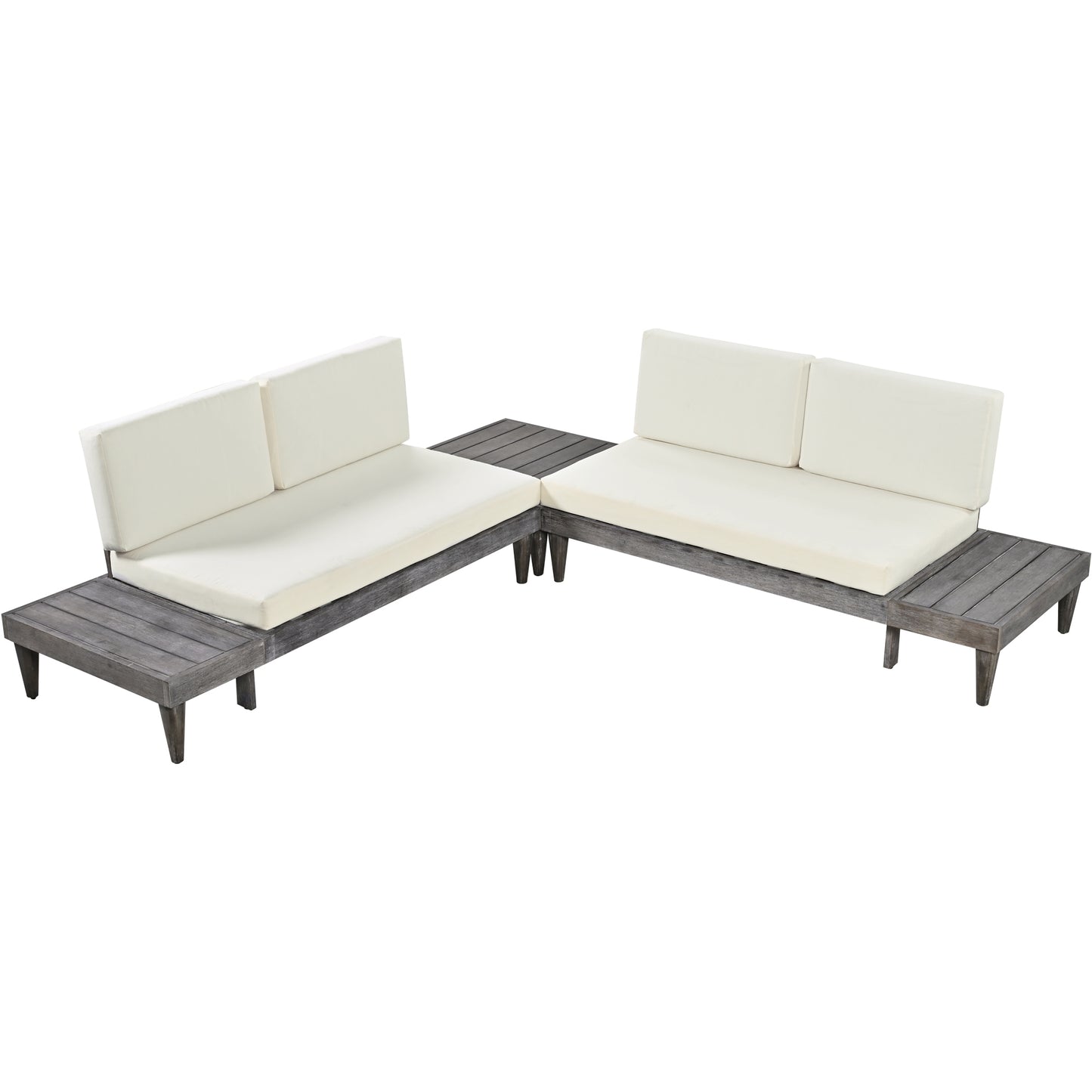 3-Piece Acacia Wood Patio Furniture Set with Conversation Sectional Sofa and Side Tables, Grey+Beige