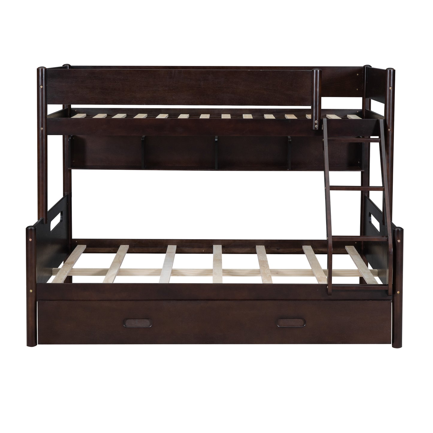 Espresso Wood Bunk Bed with Twin Over Full, Storage Shelves, Trundle, and Sturdy Construction