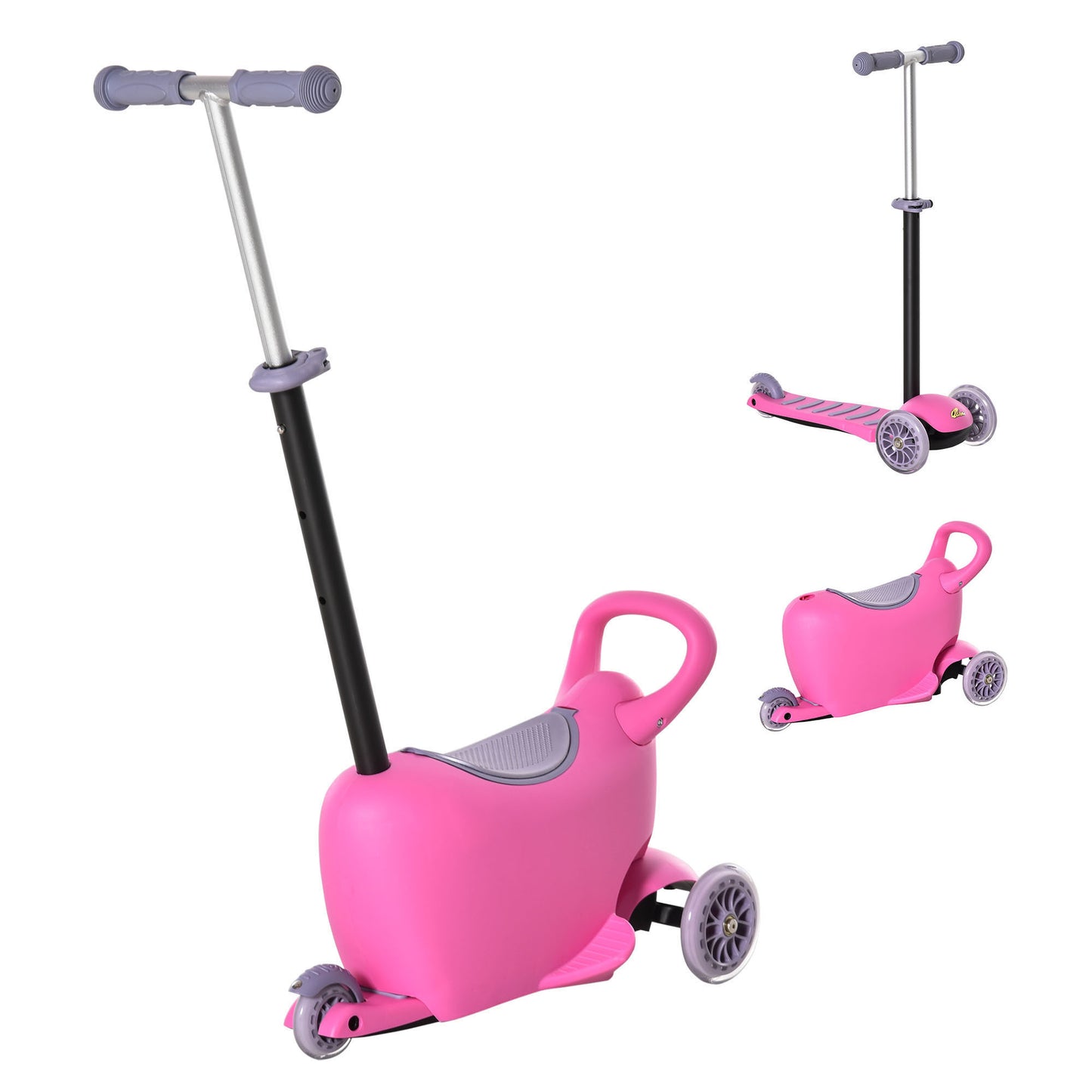 3-in-1 Ride On Push Car, Kids Scooter, Sliding Walker, Push Rider, with Adjustable Handlebar, 3 Balanced Wheels, Removable Storage Seat, for Boys and Girls Aged 2-6 Years Olds, Pink