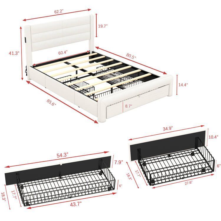 Queen Size Bed Frame with Drawers Storage, Leather Upholstered Platform Bed with Charging Station, White (Expect arrive date Jan. 12th. 2024)