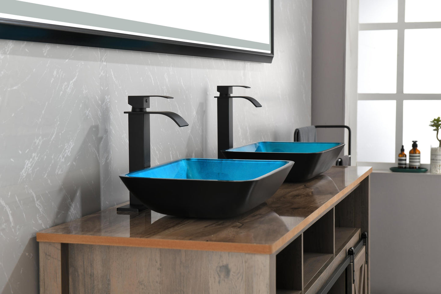 Handcrafted Turquoise Glass Vessel Sink Set with Matte Black Faucet