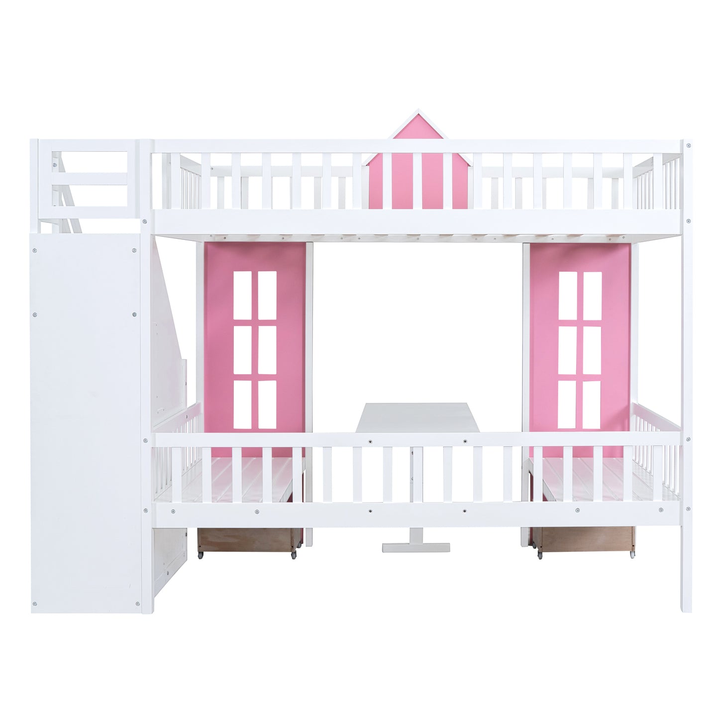 Pink Full-Over-Full Bunk Bed with Multi-Functional Table