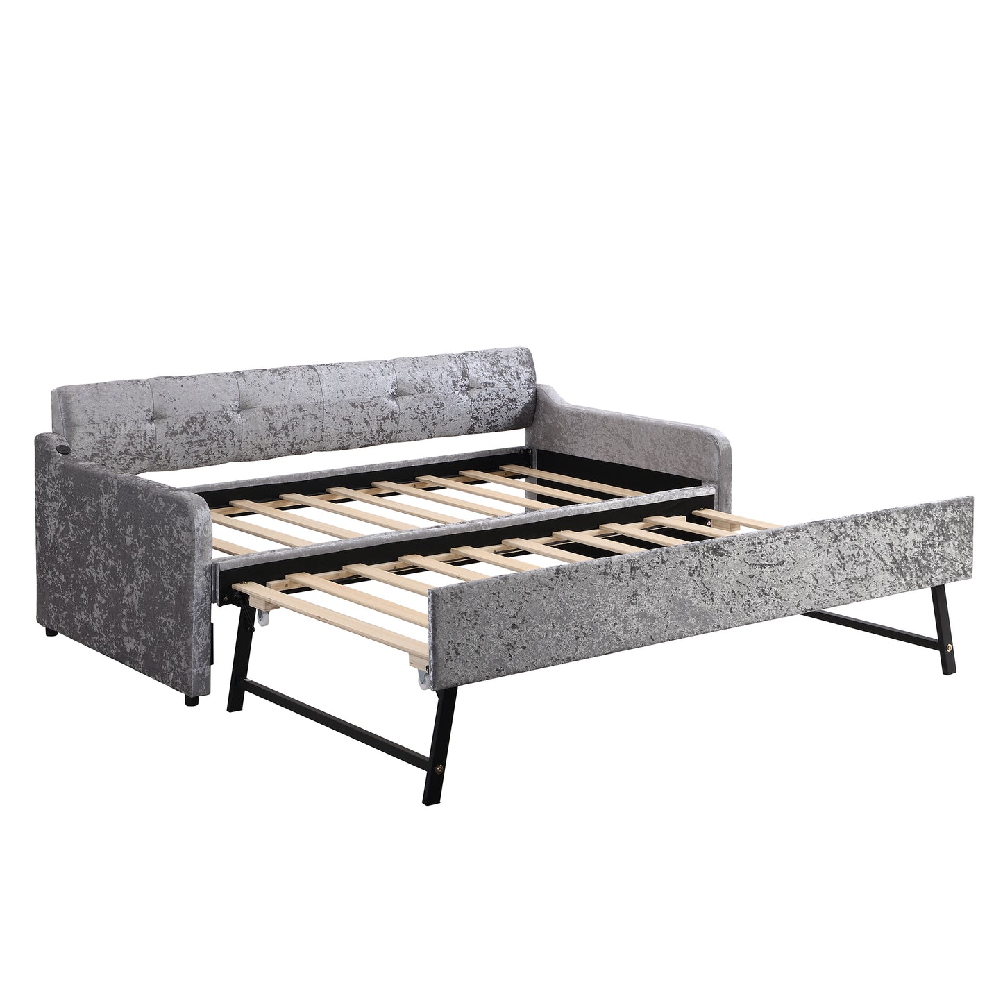 Twin Size Snowflake Velvet Daybed with Trundle and USB Charging Design,Gray