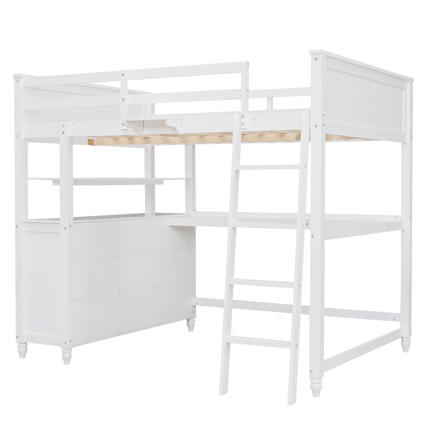 Full size Loft Bed with Drawers and Desk, Wooden Loft Bed with Shelves - White