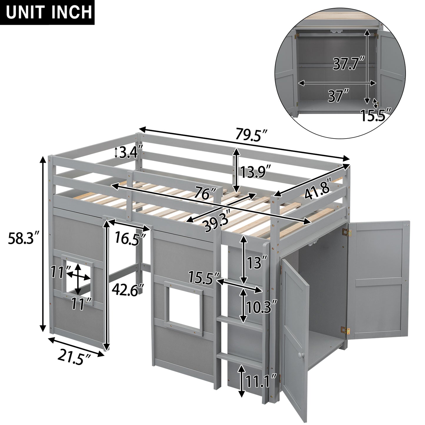 Wood Twin Size Loft Bed with Built-in Storage Wardrobe and 2 Windows, Gray