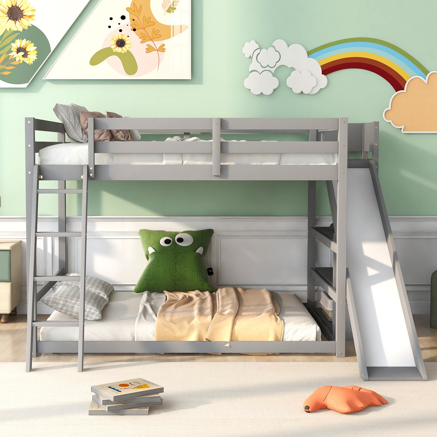 Versatile Gray Full over Full Bunk Bed with Slide, Storage, and Sturdy Design