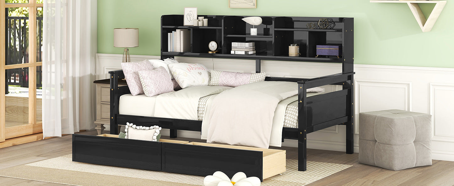 Twin size Daybed, Wood Slat Support, with Bedside Shelves and Two Drawers, Espresso