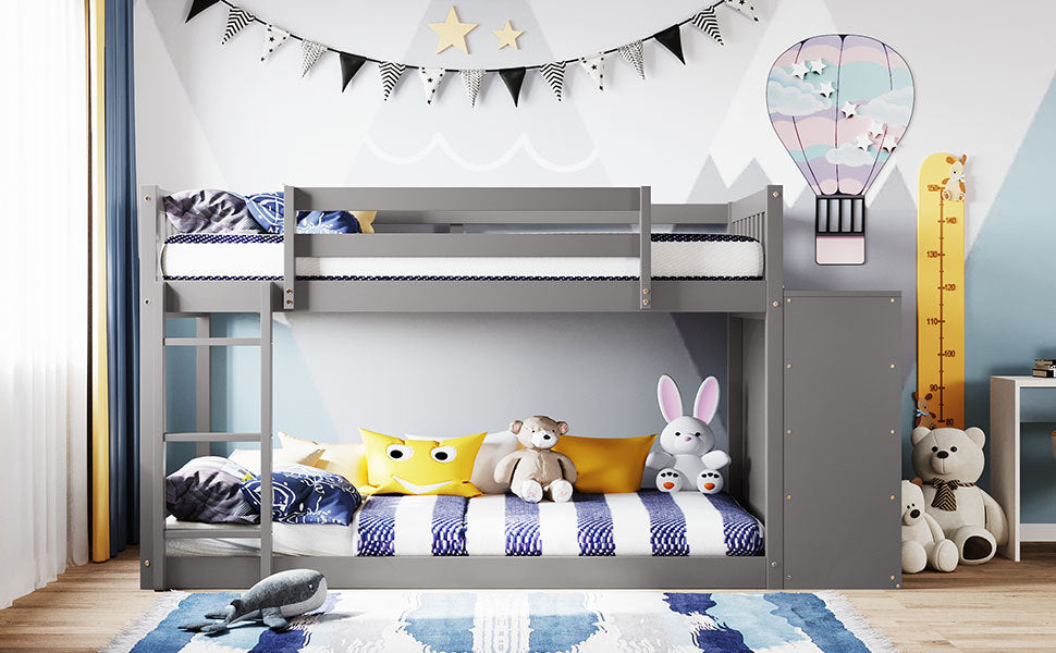 Space-Saving Gray Twin Bunk Bed with Storage and Built-in Shelves for Twin over Twin Configuration