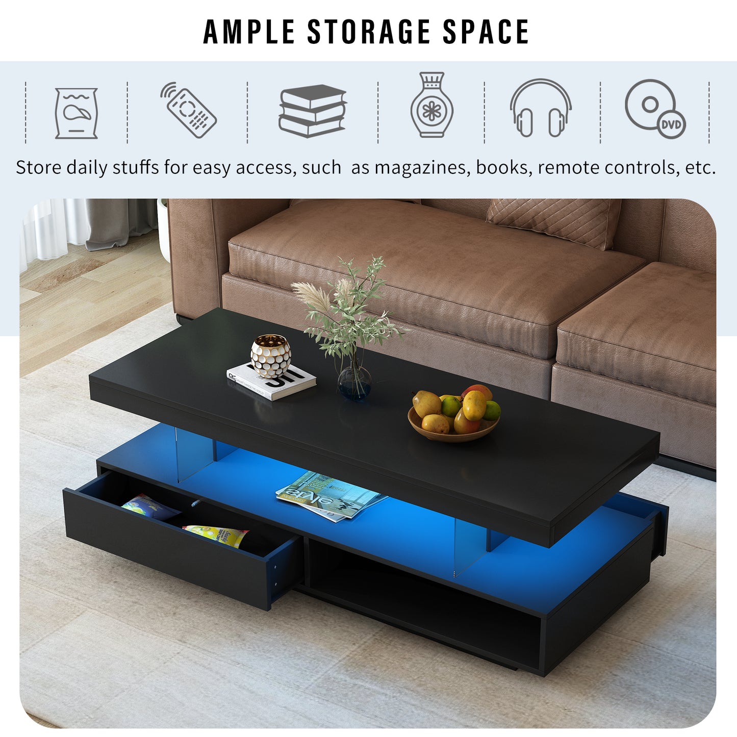 Modern Black LED Coffee Table with Storage and Display Shelves