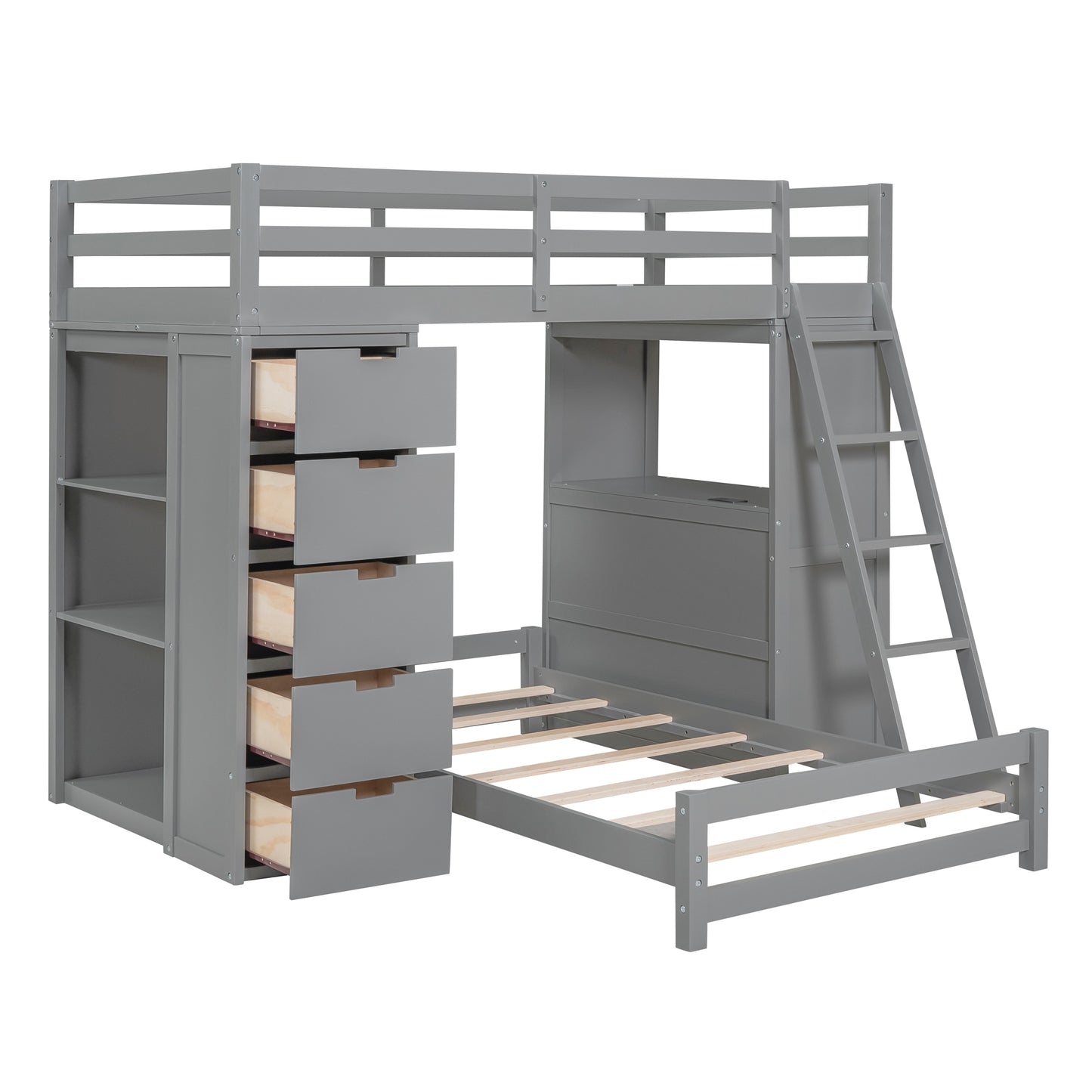 Twin Over Twin Gray Bunk Bed with LED Light, USB Ports, and Storage Space