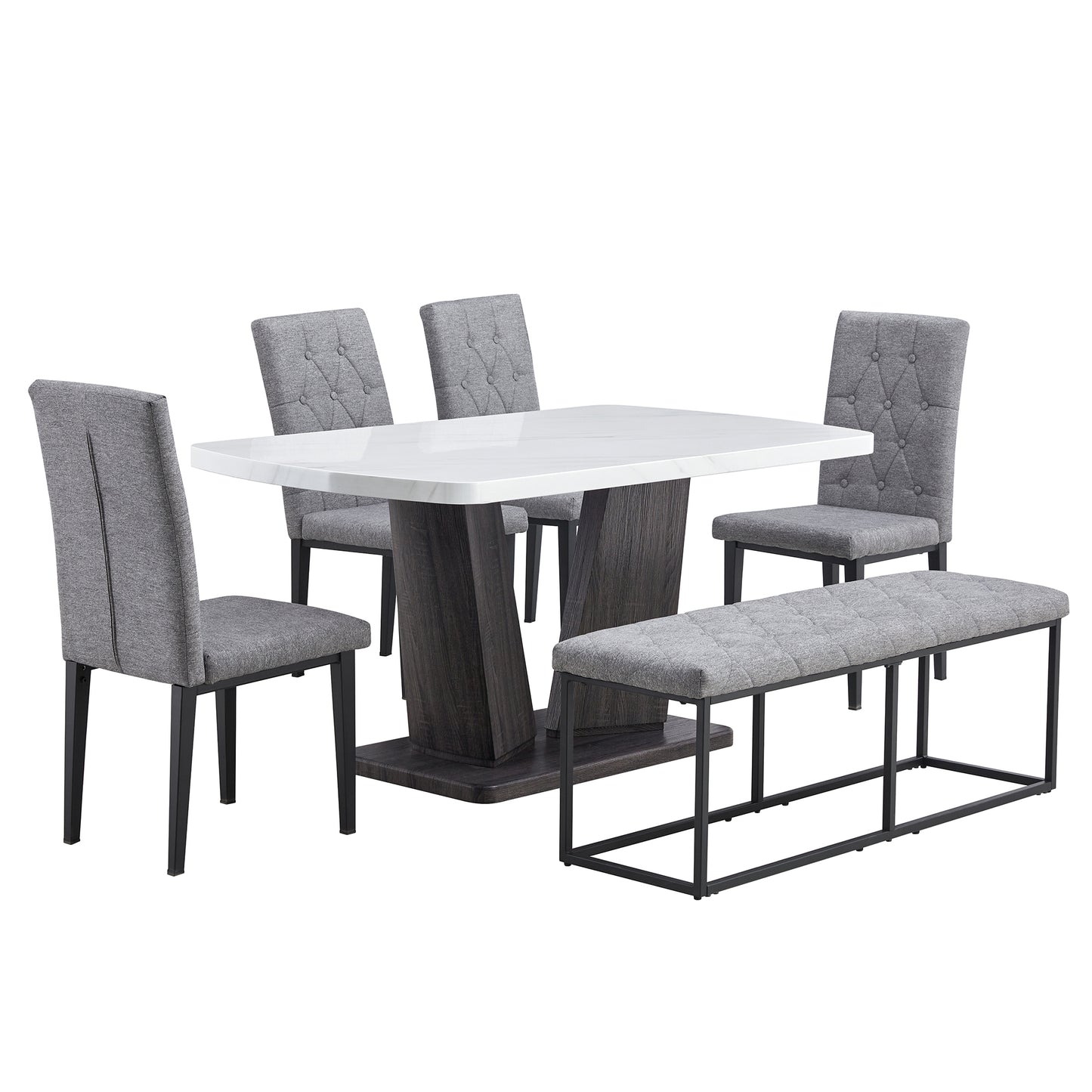 63" Modern Style 6-piece Dining Table with 4 Chairs & 1 Bench, Table with Marbled Veneers Tabletop and V-shaped Table Legs (White)