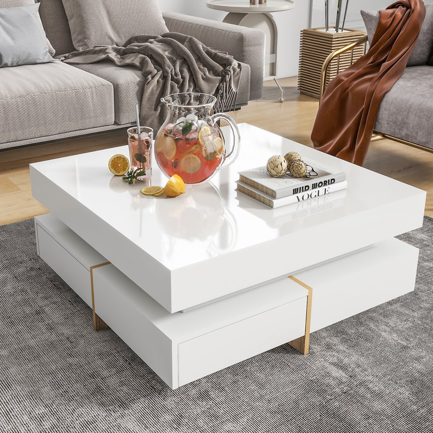 Elegant White High Gloss Coffee Table with Spacious Storage and Wood Grain Legs