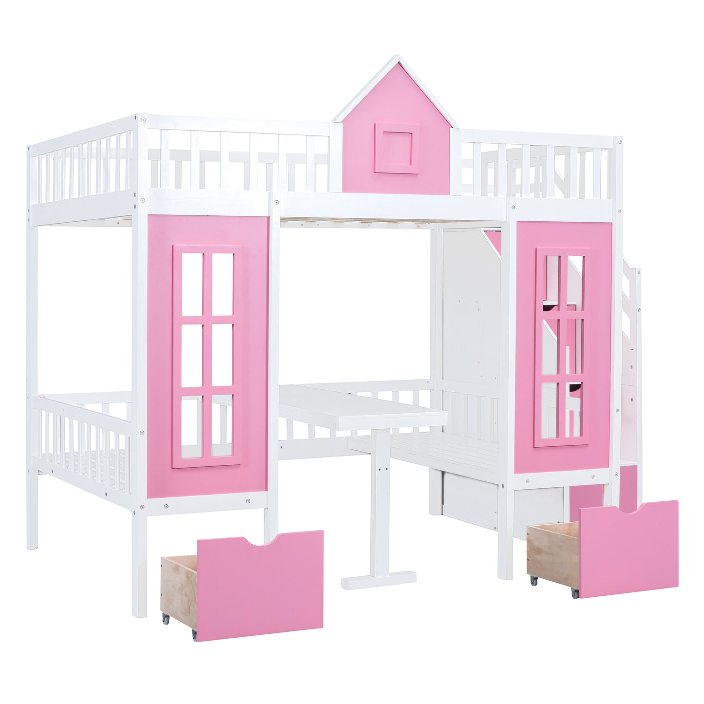 Pink Full-Over-Full Bunk Bed with Multi-Functional Table