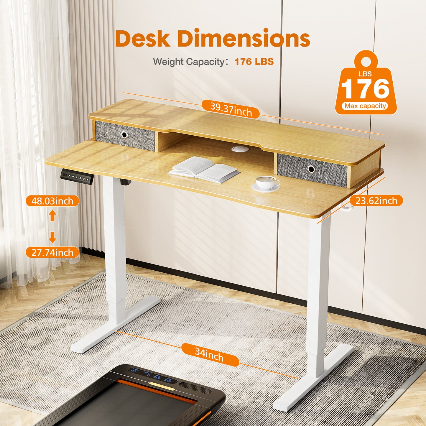 Height-Adjustable Electric Standing Desk with Storage Shelves and Double Drawers for Home Office