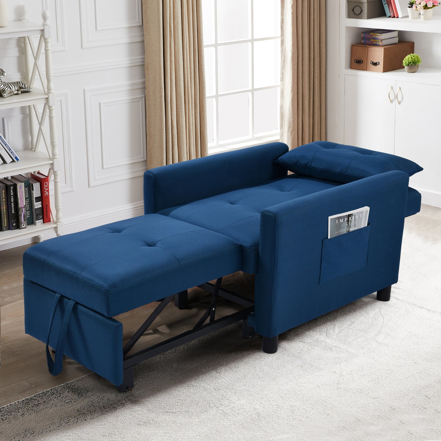 Single Sofa Bed with Pullout Sleeper, Convertible Folding Futon Chair, Lounge Chair Set with 1pc Lumbar pillow, Navy color fabric