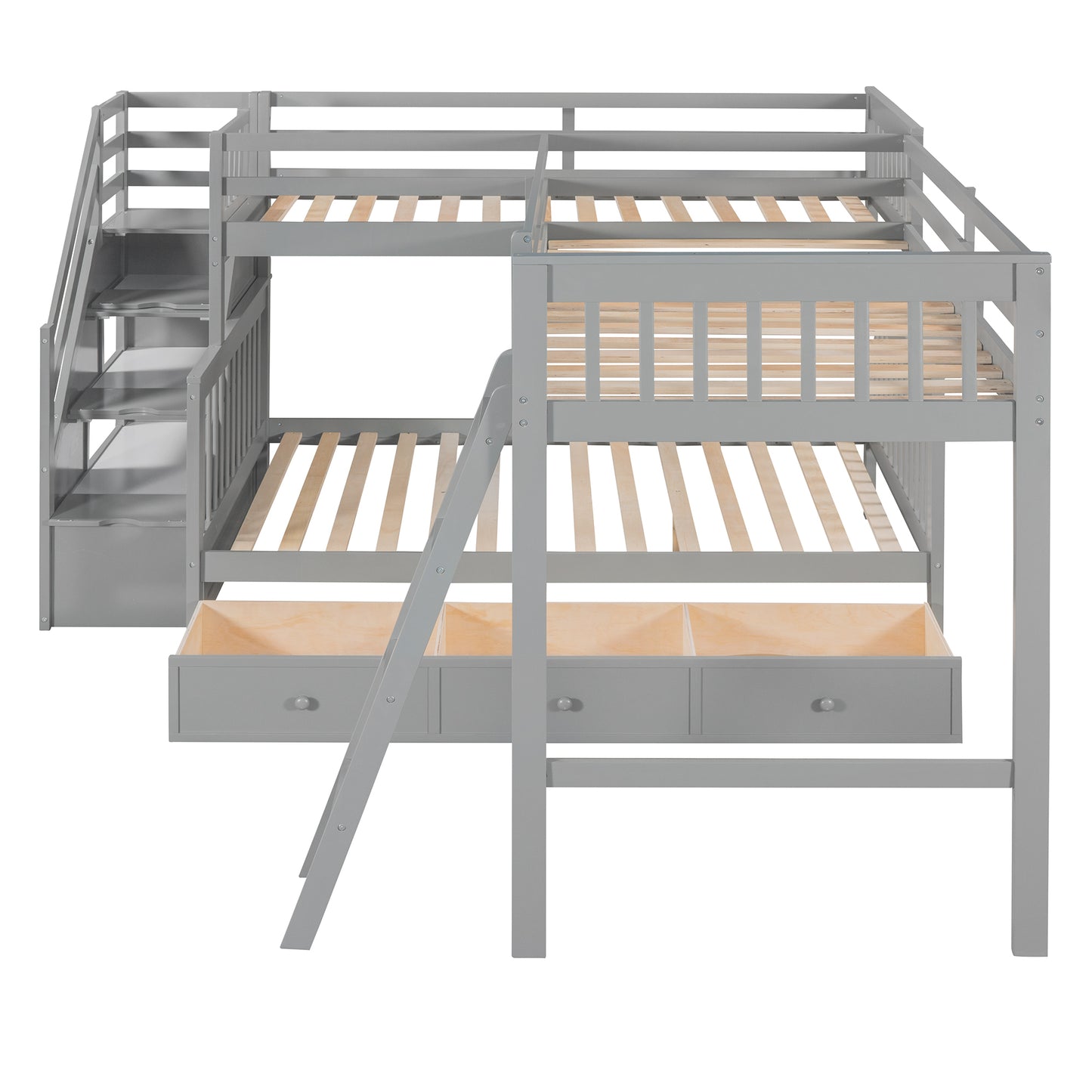 Gray Twin over Full L-Shaped Bunk Bed with Storage Drawers