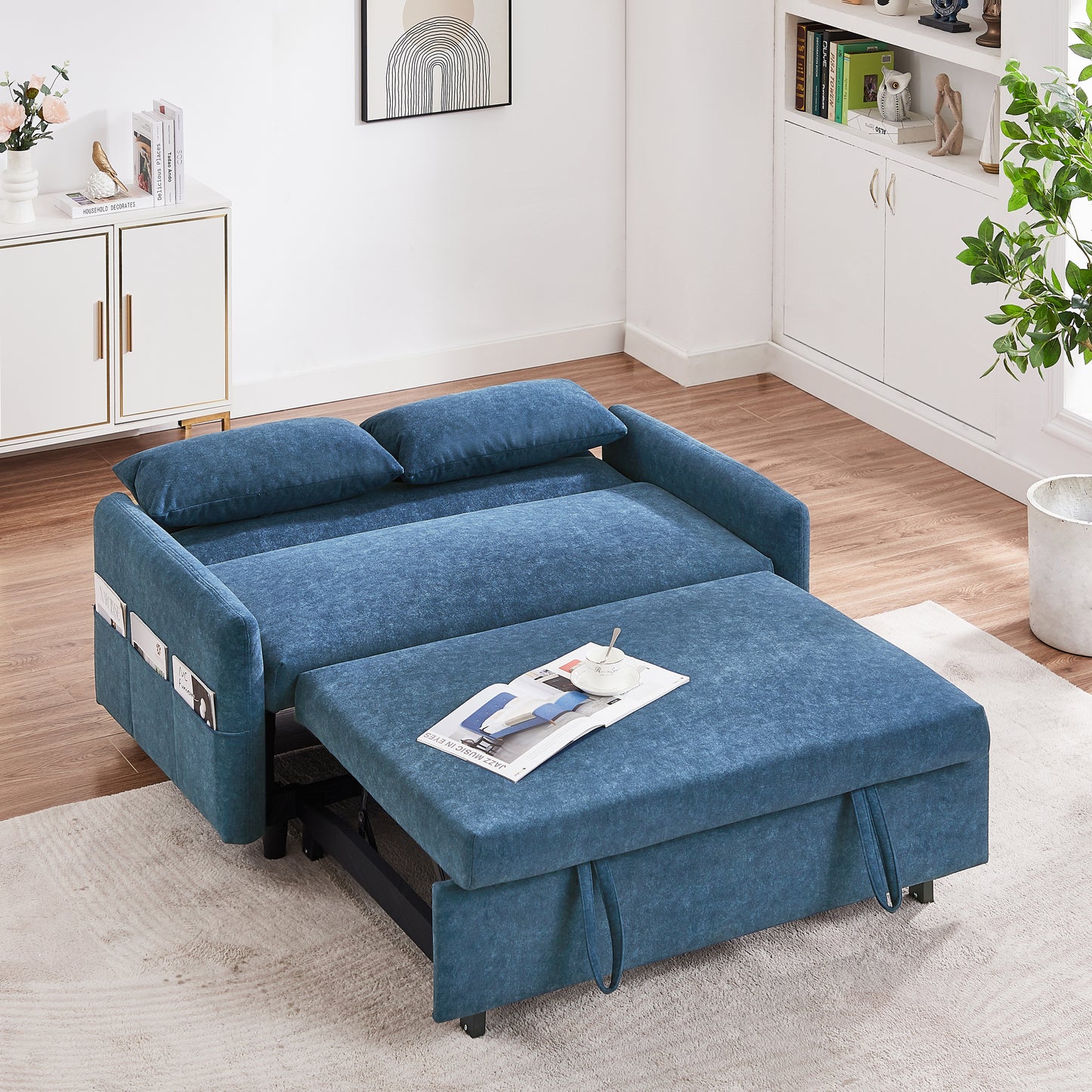 55.1 Blue Pull Out Sleeper Loveseat Sofa Bed with Adjustable Backrest and USB Ports