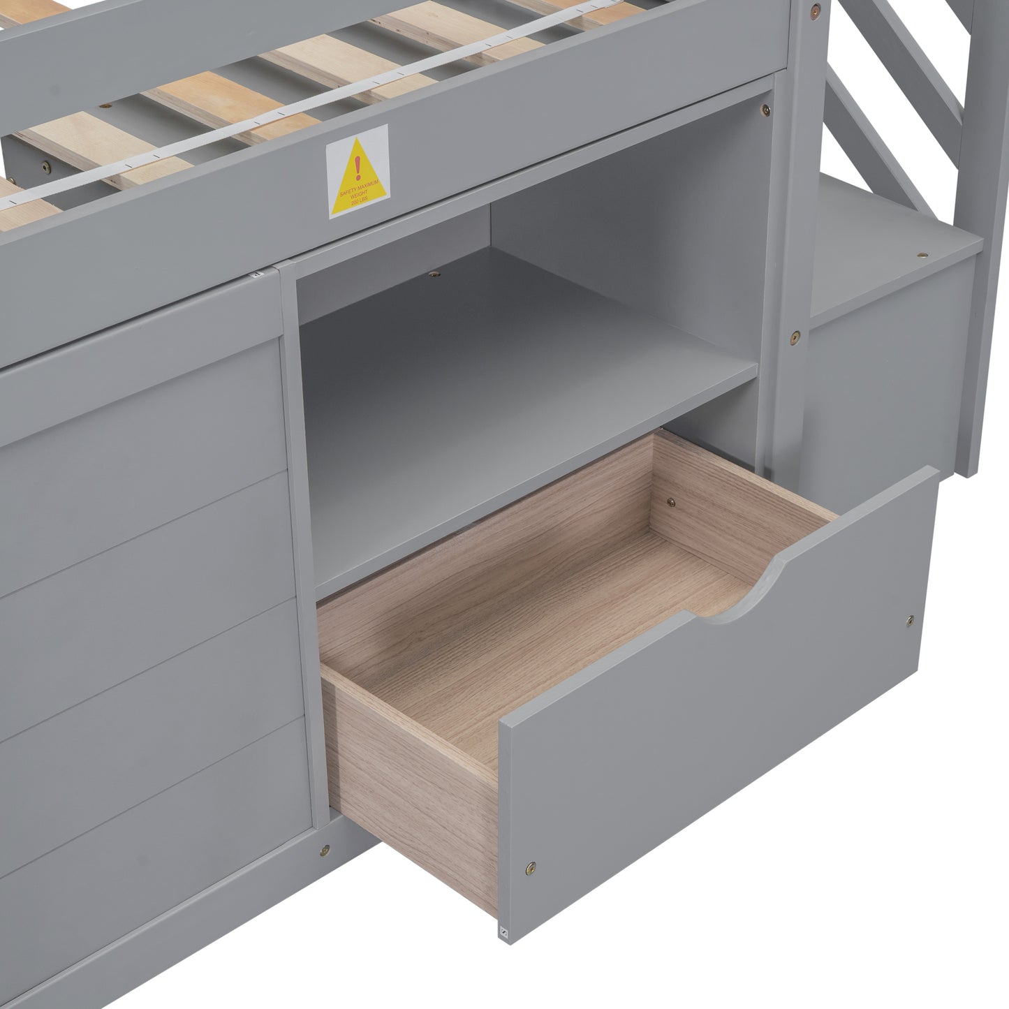 TWIN BED, SOLID WOOD TWIN SIZE LOW LOFT BED WITH STAIR, DRAWER, AND SHELF OF GREY COLOR